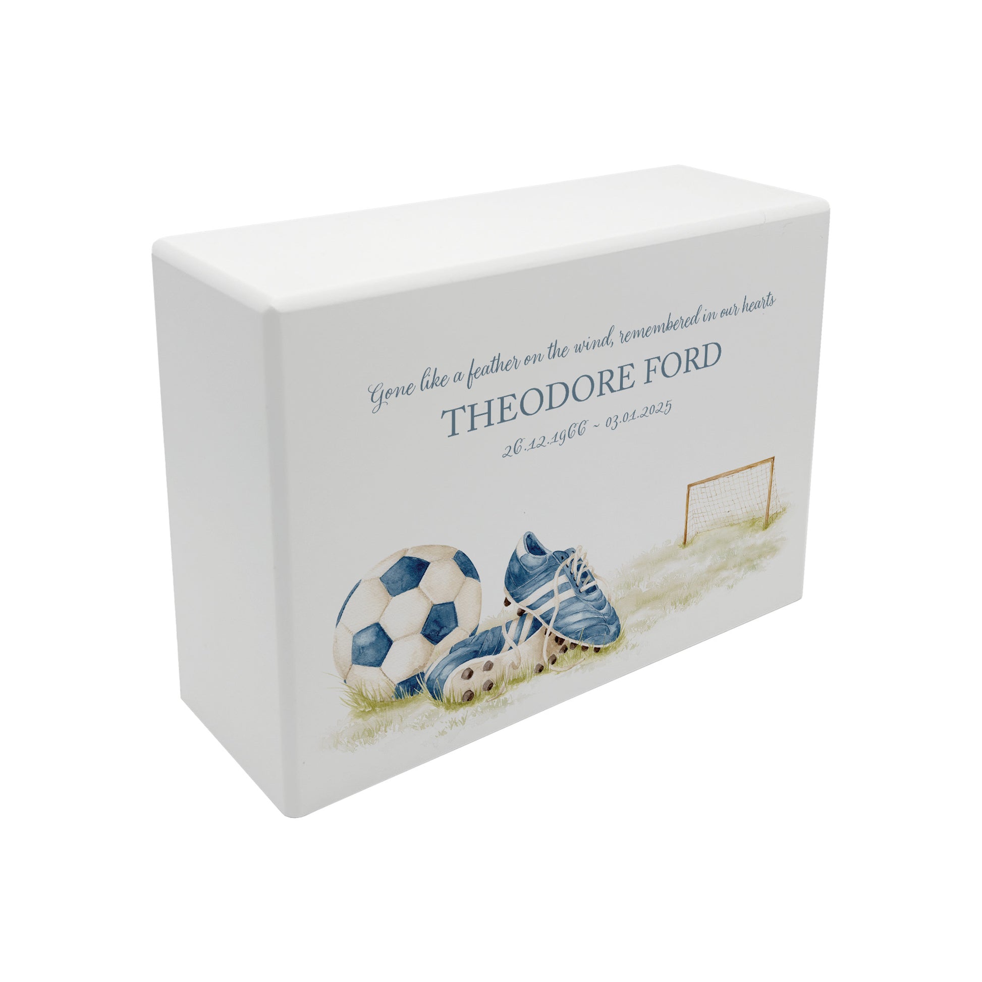 A beautifully crafted solid wooden urn, finished in white with a soft watercolour design of a Football and boots, Thoughtfully made for either display or burial, this personalised urn can be customised to create a meaningful memorial. Perfect for holding ashes of a loved one or a beloved pet, it serves as a comforting tribute and keepsake.