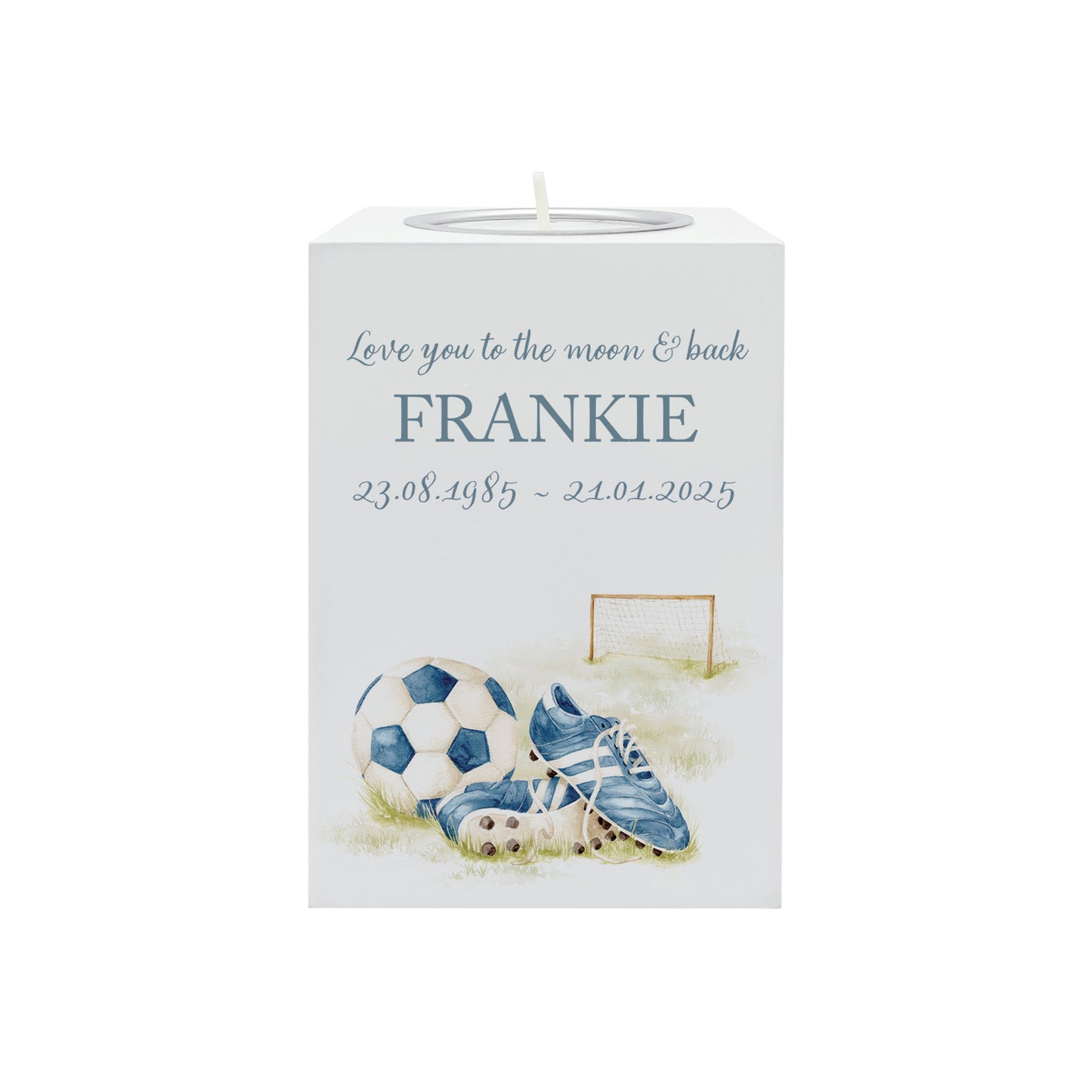 wooden cuboid luxury tealight holder with gorgeous personalised options . Each product is lovingly designed, handmade with our Countryside inspired watercolour designs. This design features Football Boots, a goal and football perfect for Brother, Dad, Son or Grandad. unique designs to remember a loved on, great for memorial occasions