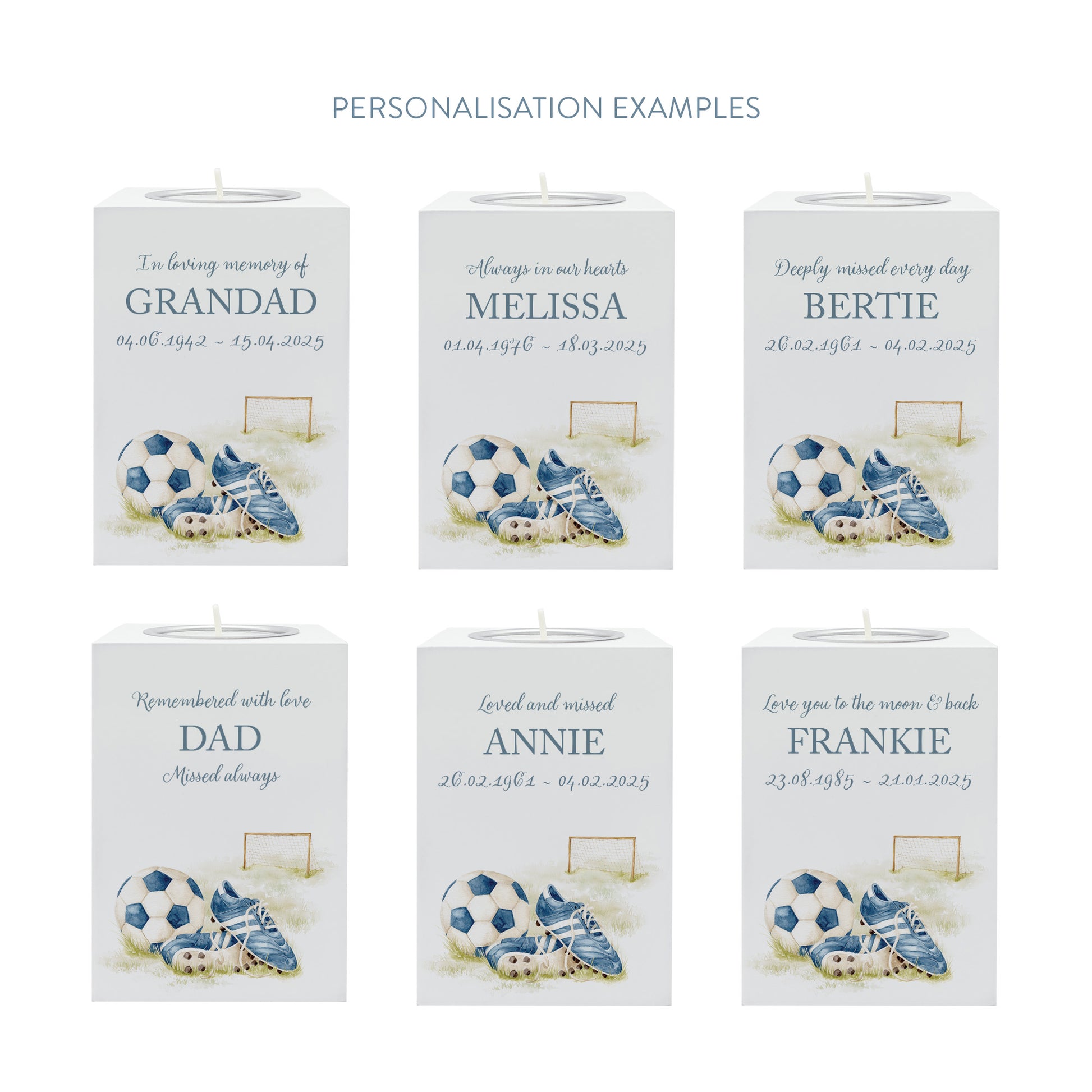 wooden cuboid luxury tealight holder with gorgeous personalised options . Each product is lovingly designed, handmade with our Countryside inspired watercolour designs. This design features Football Boots, a goal and football perfect for Brother, Dad, Son or Grandad. unique designs to remember a loved on, great for memorial occasions