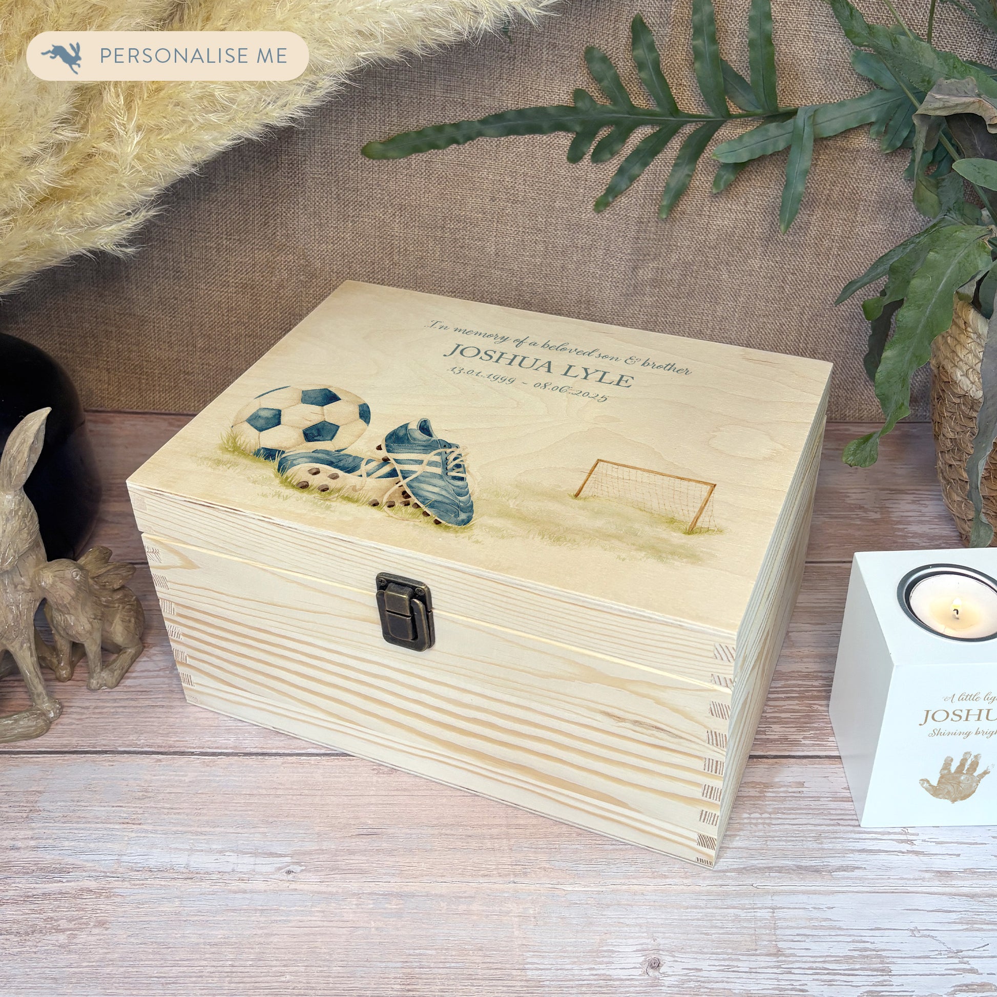 Wooden box with a decorative lid featuring illustrations of a pair of football boots, goal and football, Perfect funeral memory keepsake box, for storing ashes, order of service, flowers. capturing your loved ones favourite hobby
