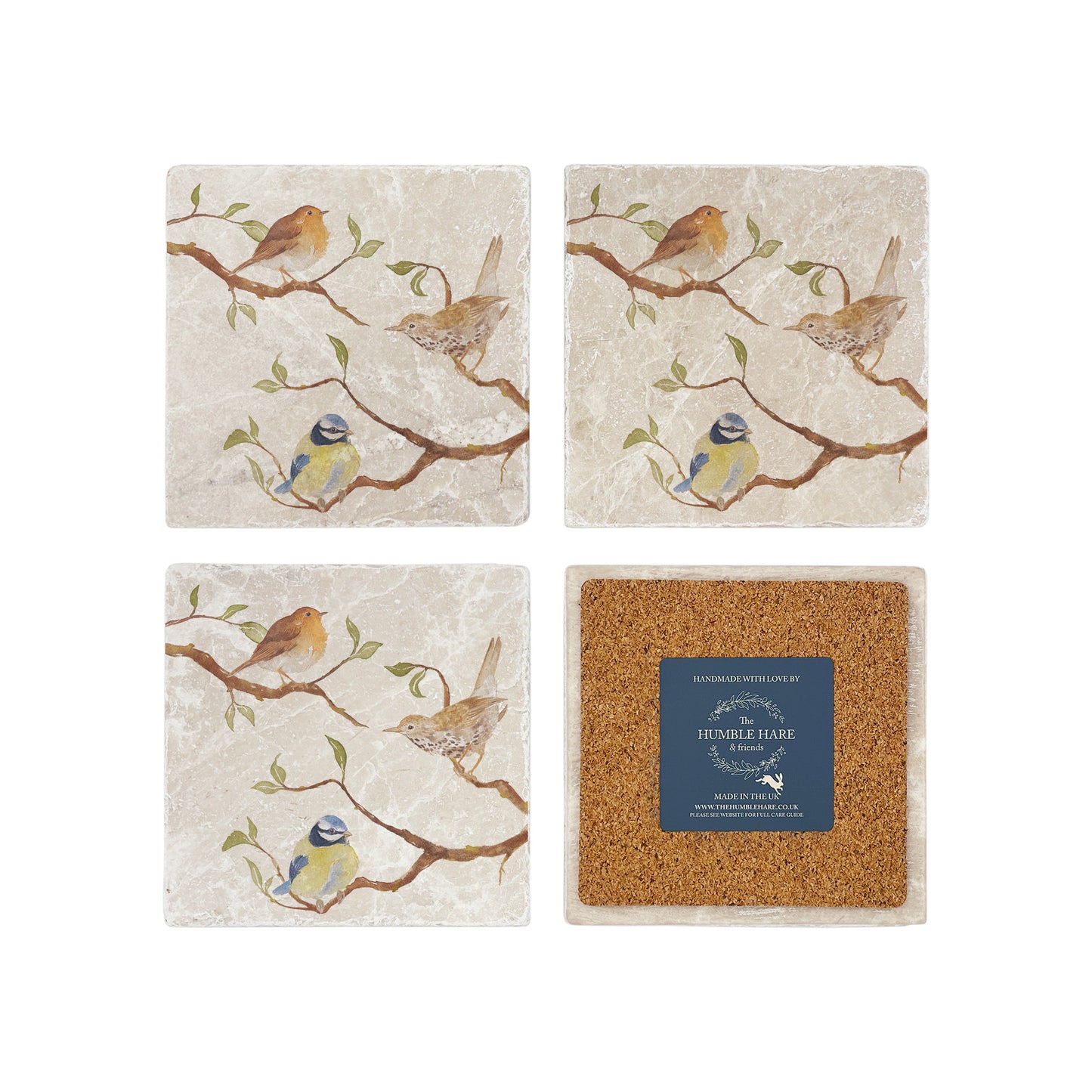 A set of 4 square marble coasters, featuring a watercolour design of British garden birds sat on branches. One coaster is flipped to show that the coasters are backed with cork.