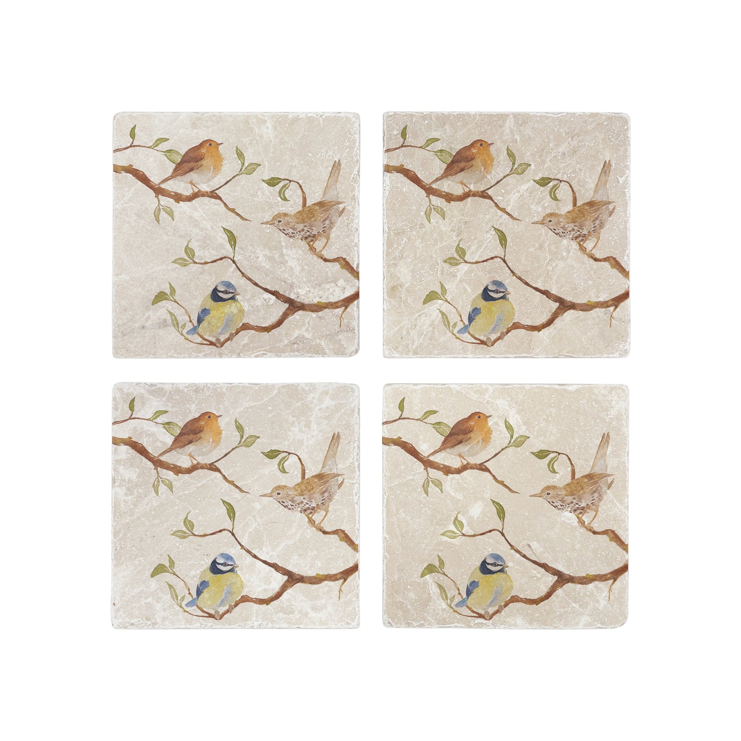 A set of 4 square marble coasters, featuring a watercolour design of British garden birds sat on branches.