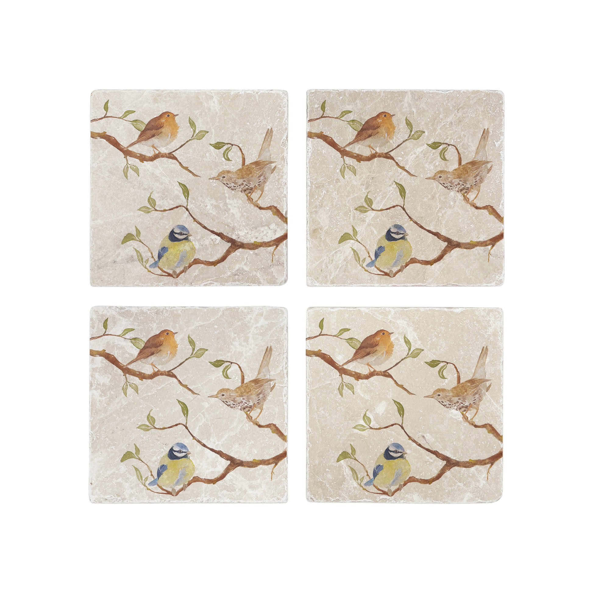 A set of 4 square marble coasters, featuring a watercolour design of British garden birds sat on branches.