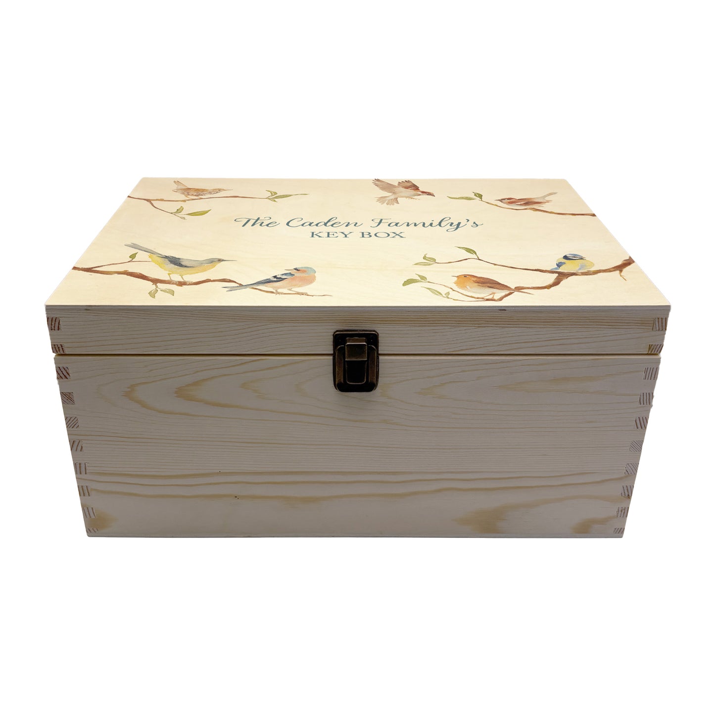 Large wooden pine gift box, The perfect Personalised keepsake, memory box, storage box. This design features a wren, Robin, Wagtail, blue tit, sparrow and chaffinch on branches. The stunning design is in a classic gentle watercolour style.