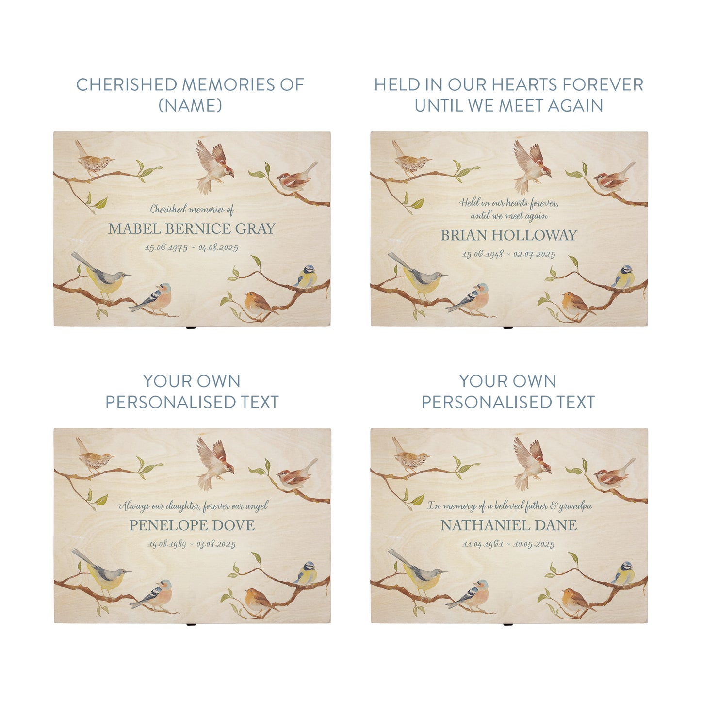 Wooden box with a lid featuring an illustration of Garden Birds on a wooden background Perfect funeral memory keepsake box, for storing ashes, order of service, flowers, pictures.