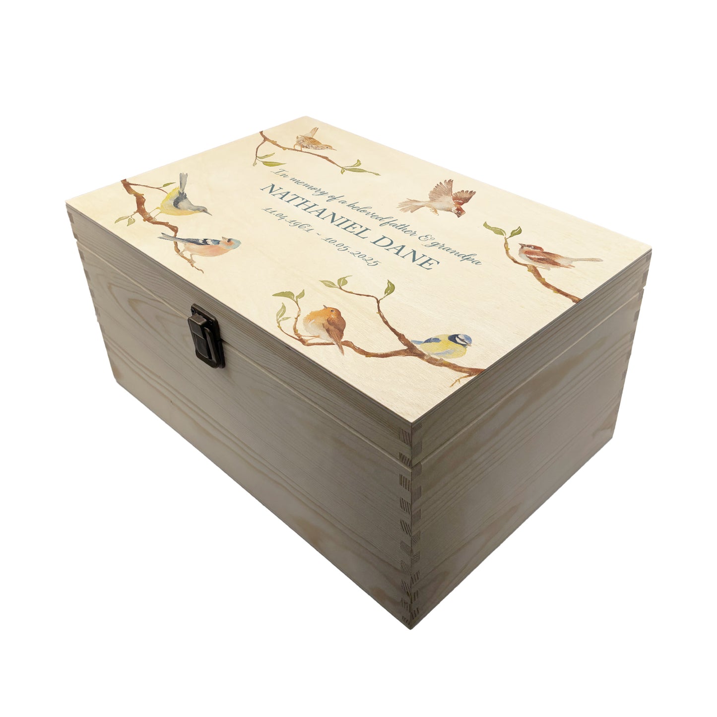 Wooden box with a lid featuring an illustration of Garden Birds on a wooden background Perfect funeral memory keepsake box, for storing ashes, order of service, flowers, pictures.
