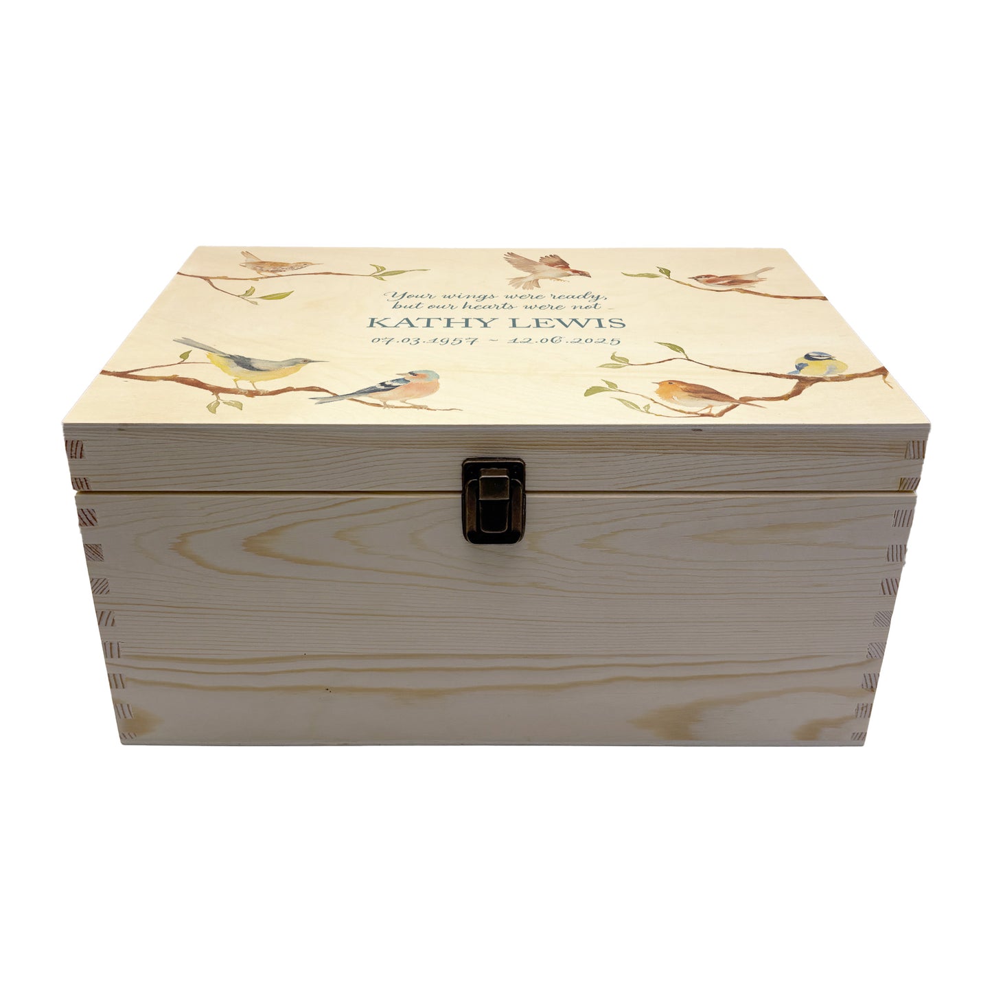 Wooden box with a lid featuring an illustration of Garden Birds on a wooden background Perfect funeral memory keepsake box, for storing ashes, order of service, flowers, pictures.