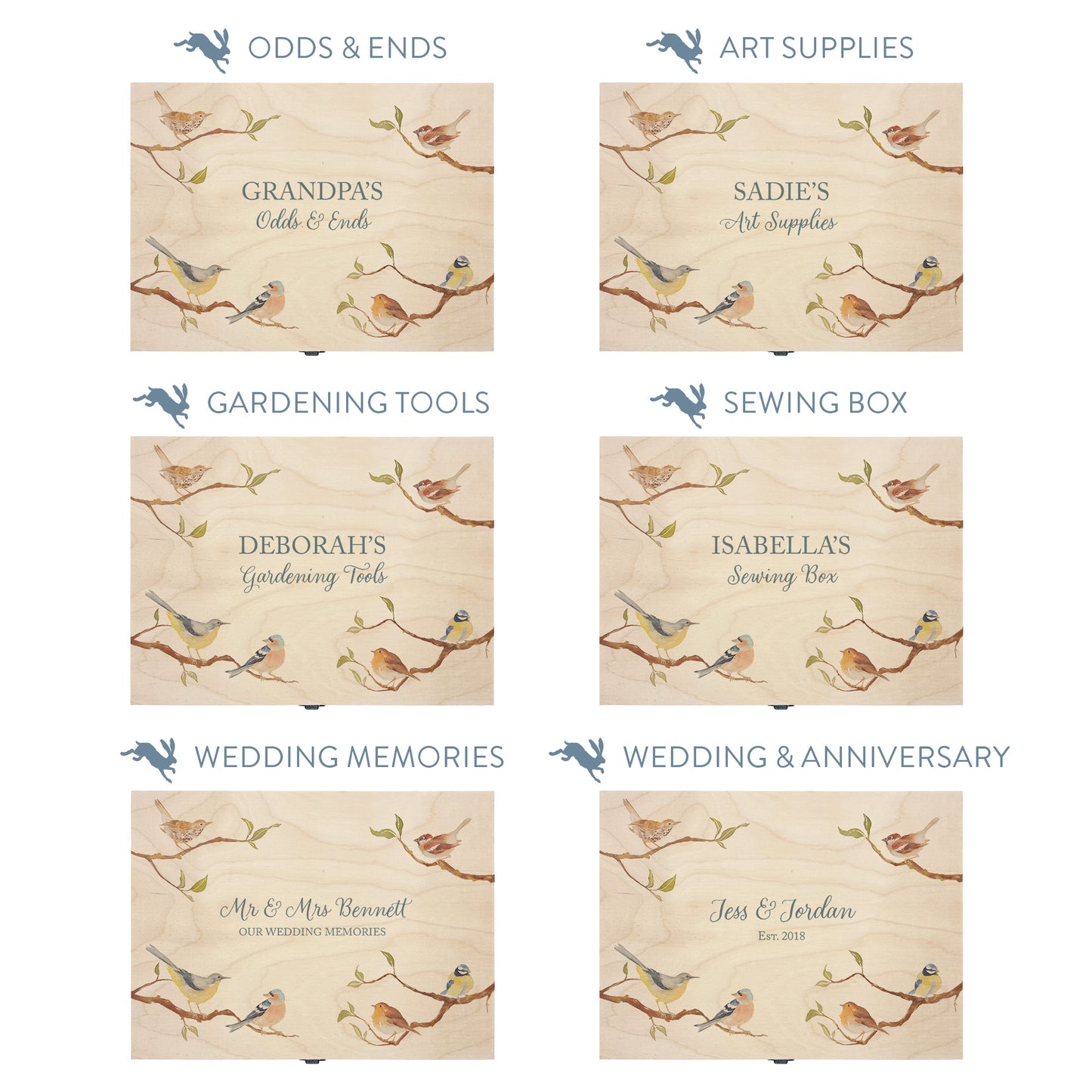 This shows our beautiful Medium wooden gift box with the various personalisation options you can choose to offer a truly customised present for a loved one. Couples names, memory boxes, keepsakes, photo storage, key boxes the uses are endless.
