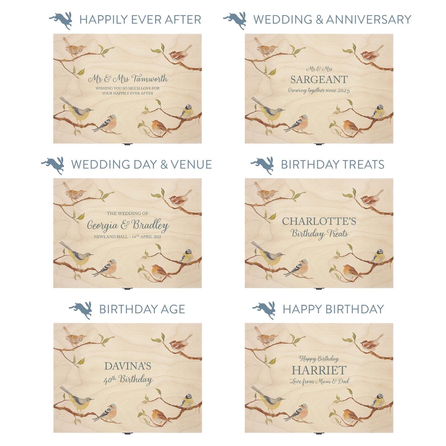 This shows our beautiful Medium wooden gift box with the various personalisation options you can choose to offer a truly customised present for a loved one. Couples names, memory boxes, keepsakes, photo storage, key boxes the uses are endless.