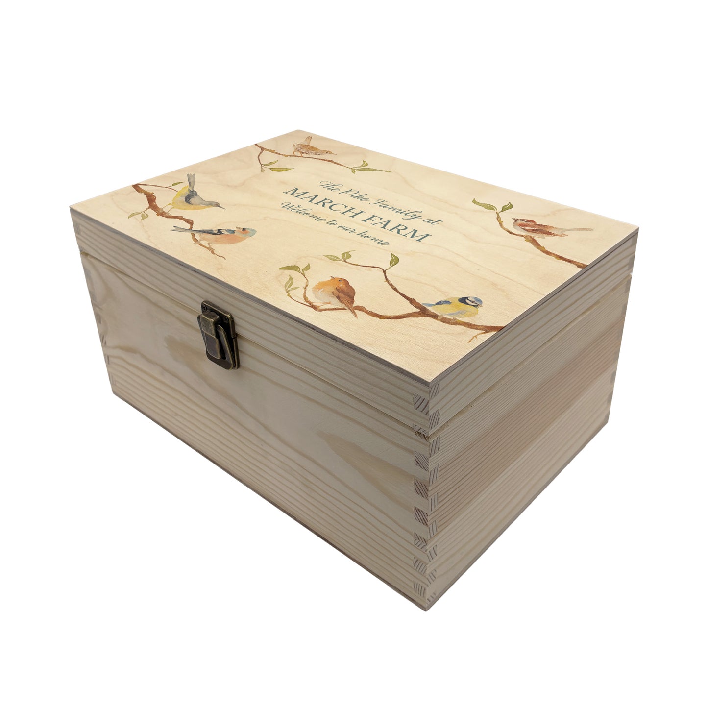 Medium wooden pine gift box, The perfect Personalised keepsake, memory box, storage box. This design features a wren, Robin, Wagtail, blue tit, sparrow and chaffinch on branches. The stunning design is in a classic gentle watercolour style.