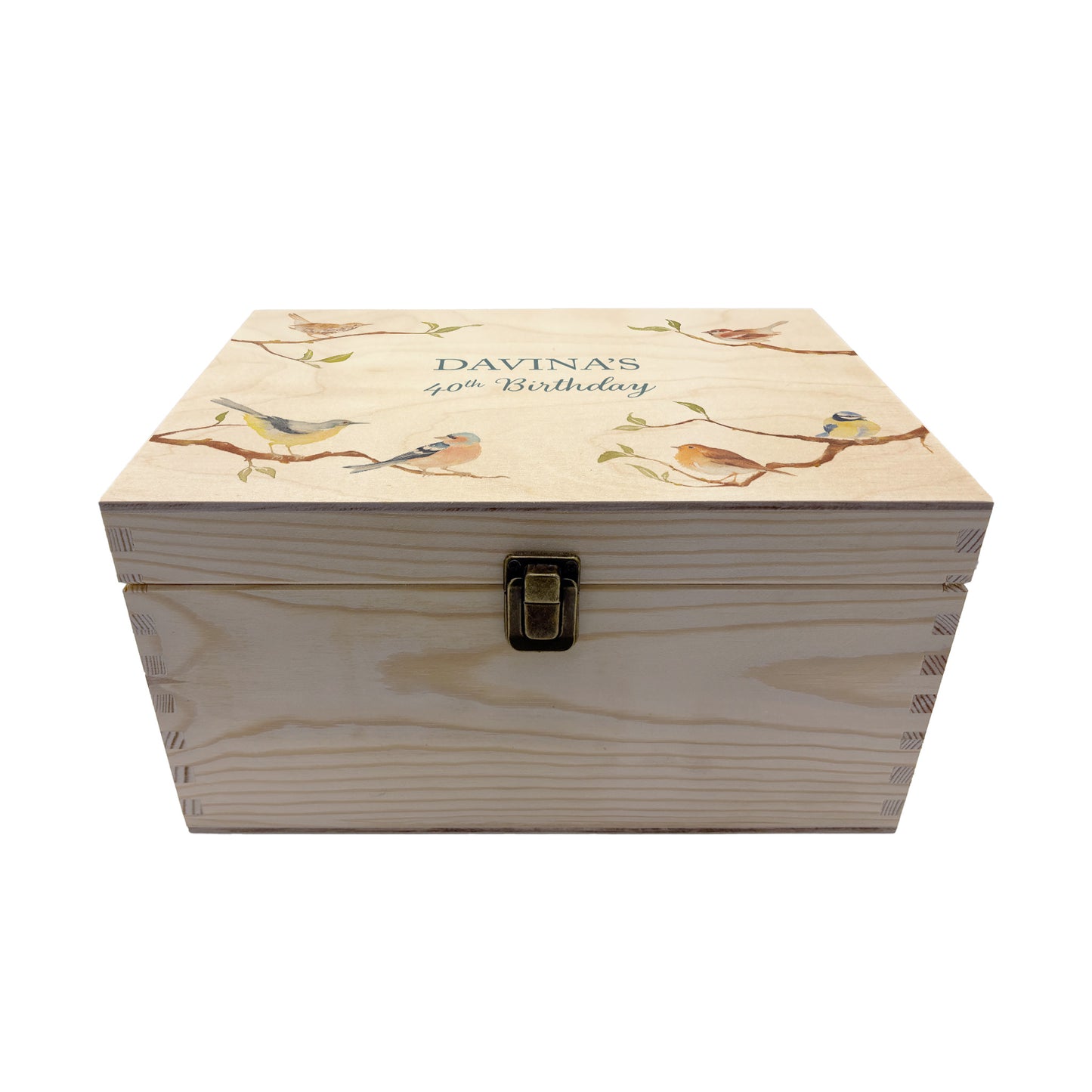 Medium wooden pine gift box, The perfect Personalised keepsake, memory box, storage box. This design features a wren, Robin, Wagtail, blue tit, sparrow and chaffinch on branches. The stunning design is in a classic gentle watercolour style.