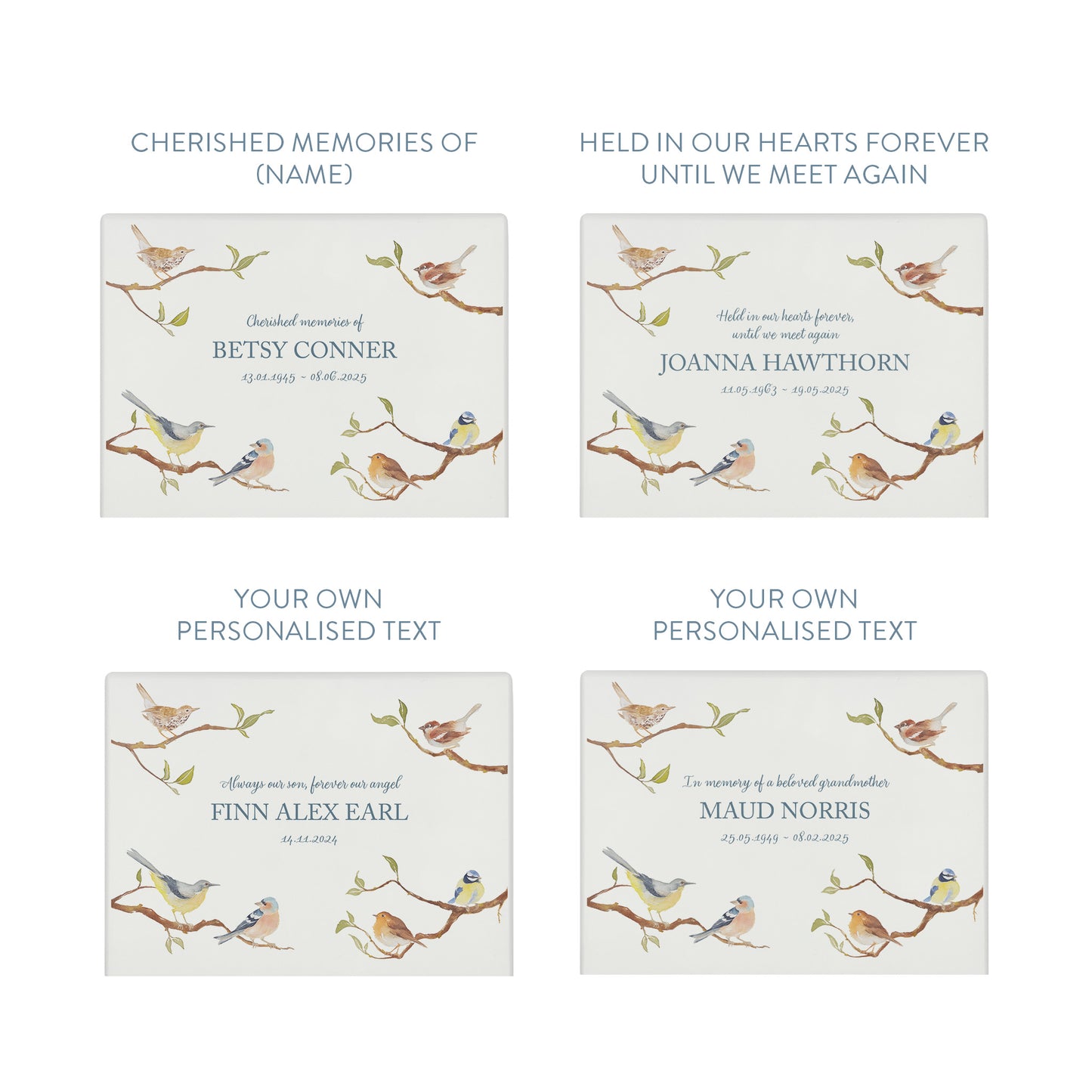 Luxury solid wooden white painted Garden Birds on Branches watercolour illustration our urns and Caskets for displaying or burying ashes. Customisable and can be personalised. Perfect funeral memory keepsake urn, for storing ashes for humans and pets