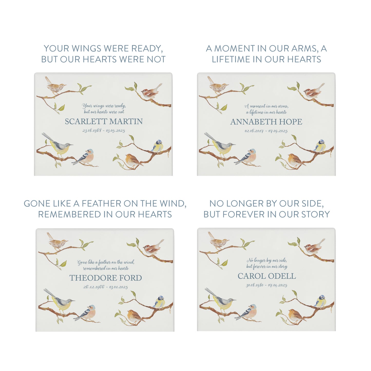 Luxury solid wooden white painted Garden Birds on Branches watercolour illustration our urns and Caskets for displaying or burying ashes. Customisable and can be personalised. Perfect funeral memory keepsake urn, for storing ashes for humans and pets