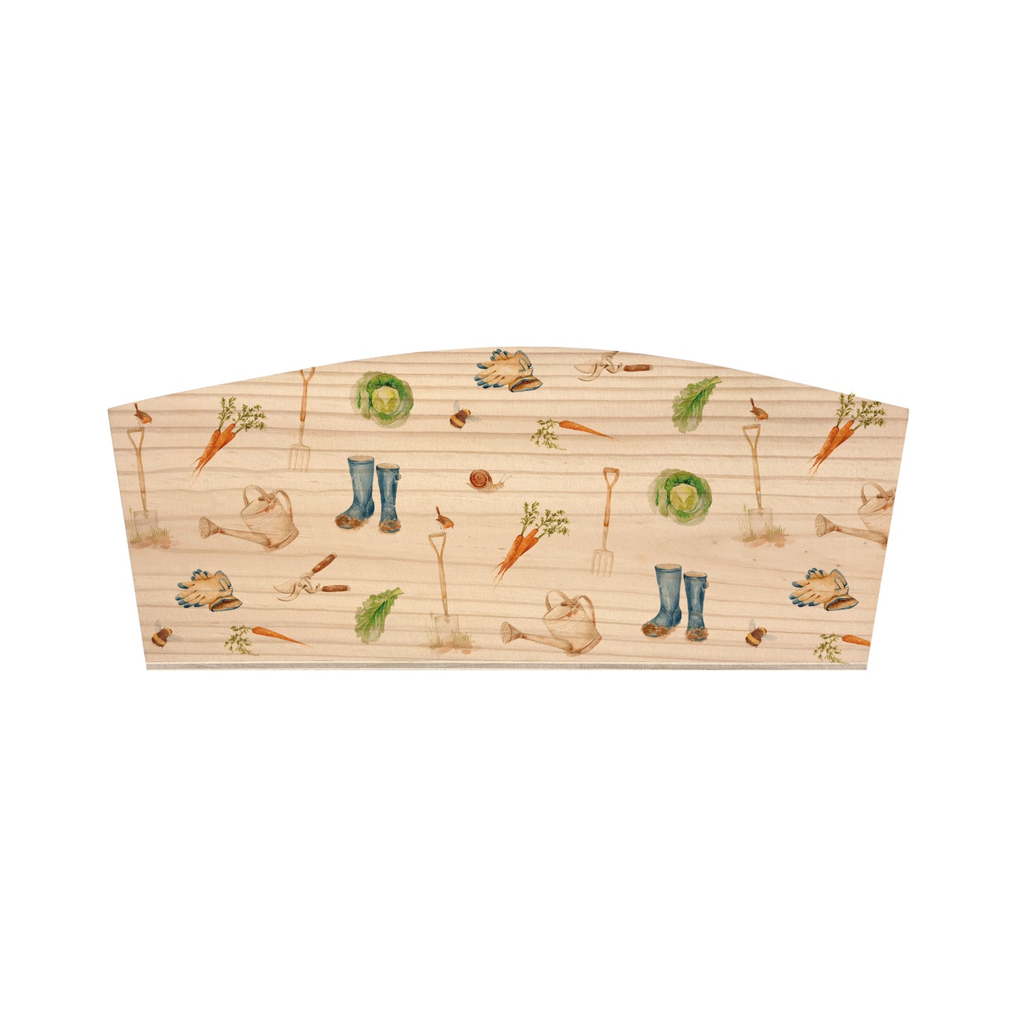 An arched wooden planter with a watercolour repeat gardening pattern including welly boots, watering can, garden spade, robins, bees, secateurs, gardening gloves and vegetables.