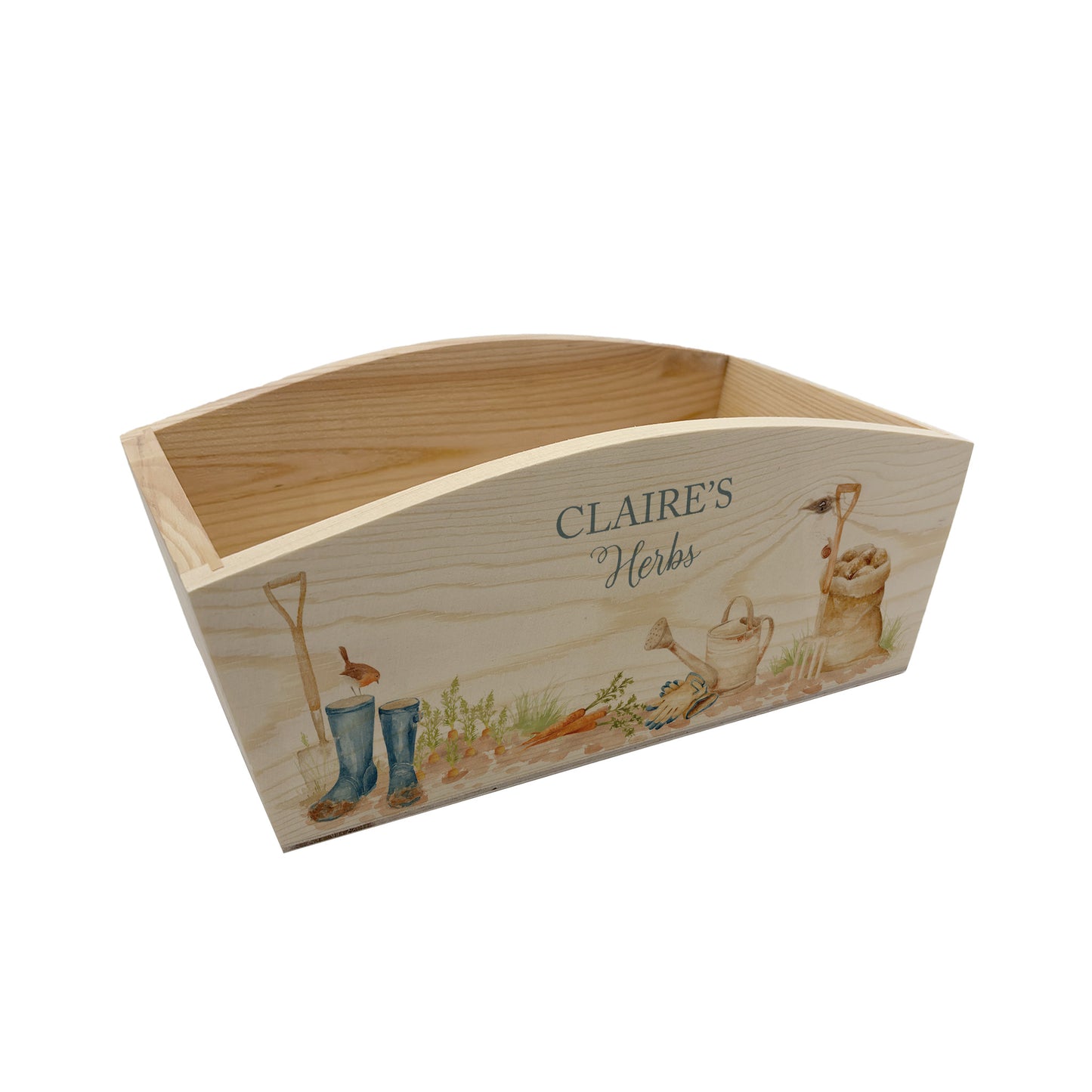 An arched wooden planter box with a watercolour gardening scene design with welly boots, watering can, sack of potatoes, garden fork, garden spade, gardening gloves and vegetables. The planter can be personalised with names and a selection of phrases for wedding, anniversary, engagement, birthday or new home gifts.