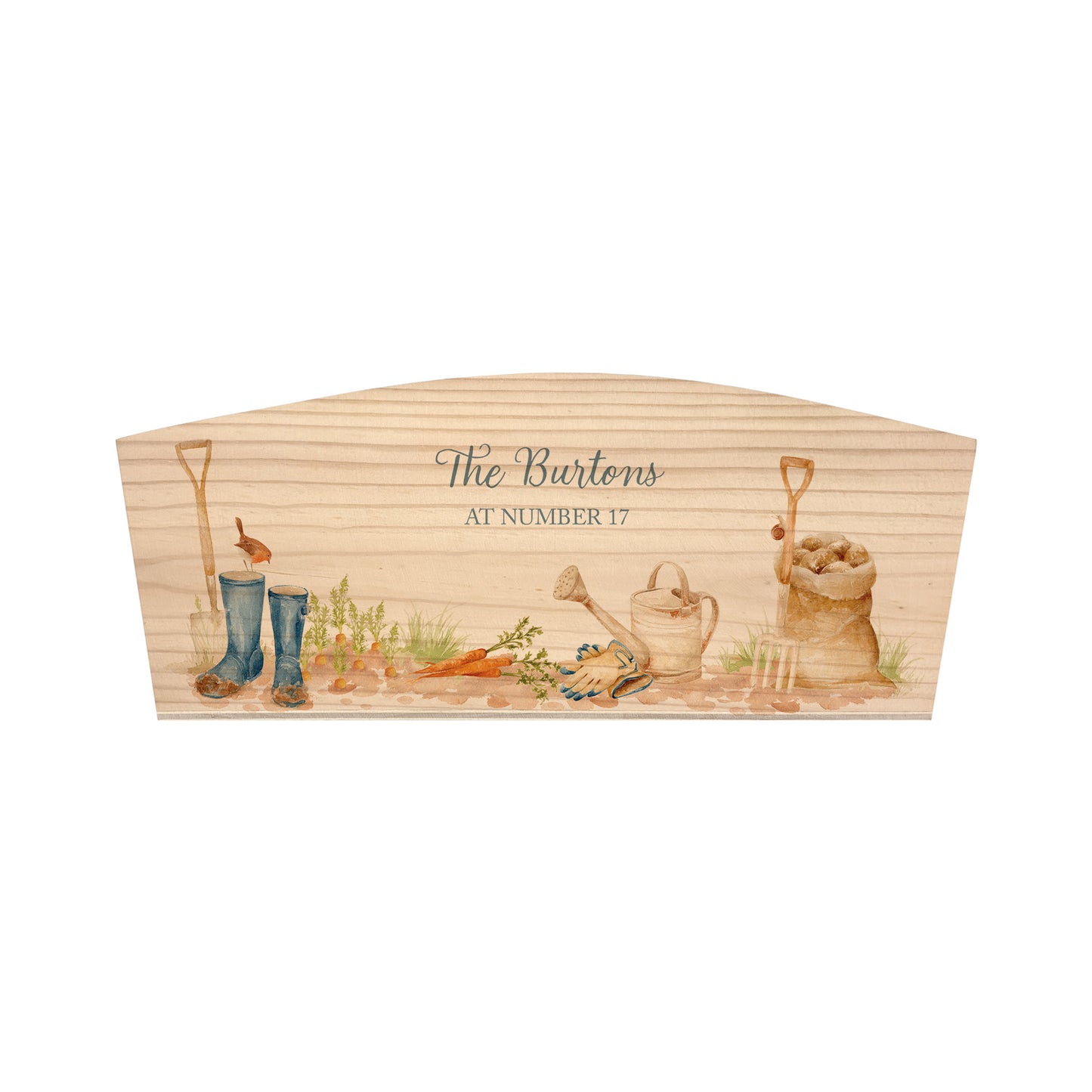 An arched wooden planter box with a watercolour gardening scene design with welly boots, watering can, sack of potatoes, garden fork, garden spade, gardening gloves and vegetables. The planter can be personalised with names and a selection of phrases for any occasion.