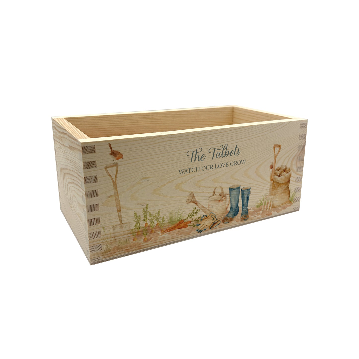 A rectangle wooden planter box with a gardening scene watercolour design, including welly boots, watering can, sack of potatoes, garden fork and spade, plus a little robin. The planter can be personalised with a name and a selection of custom phrases. Perfect gift for gardeners, weddings, anniversary gift, engagement present, new home or birthday.