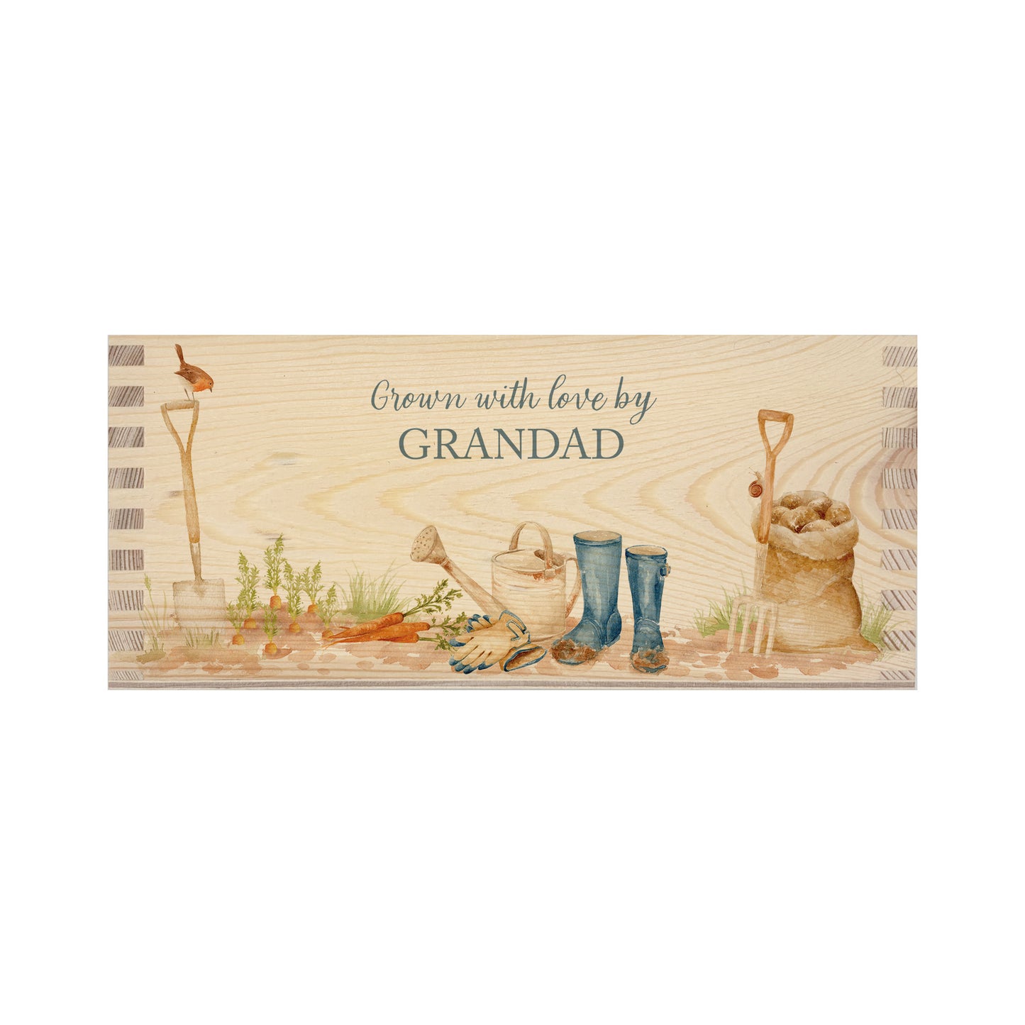 A rectangle wooden planter box with a gardening scene watercolour design, including welly boots, watering can, sack of potatoes, garden fork and spade, plus a little robin. The planter can be personalised with a name and a selection of custom phrases. Perfect gift for gardeners and special occasions.