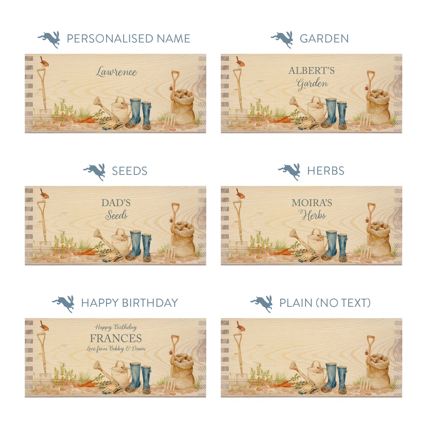 Personalised phrase options for a rectangle wooden planter box with a watercolour design including welly boots, watering can, sack of potatoes, garden fork and spade, plus a little robin. Choose your phrase to suit any occasion including birthday, wedding, anniversary, engagement, and new home.