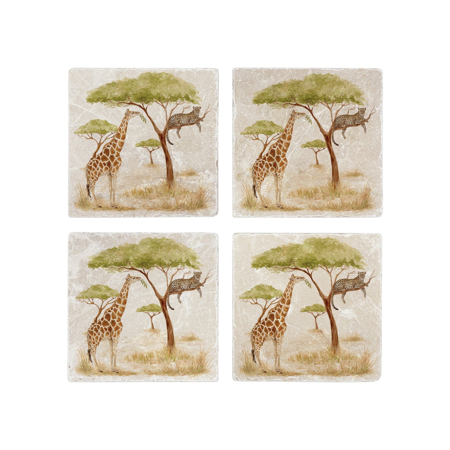 The Savannah Collectors set is perfect for the safari lover, featuring beautiful watercolour designs on our much loved marble platters and coasters. You can find a Giraffe and Leopard on these set of 4 coasters