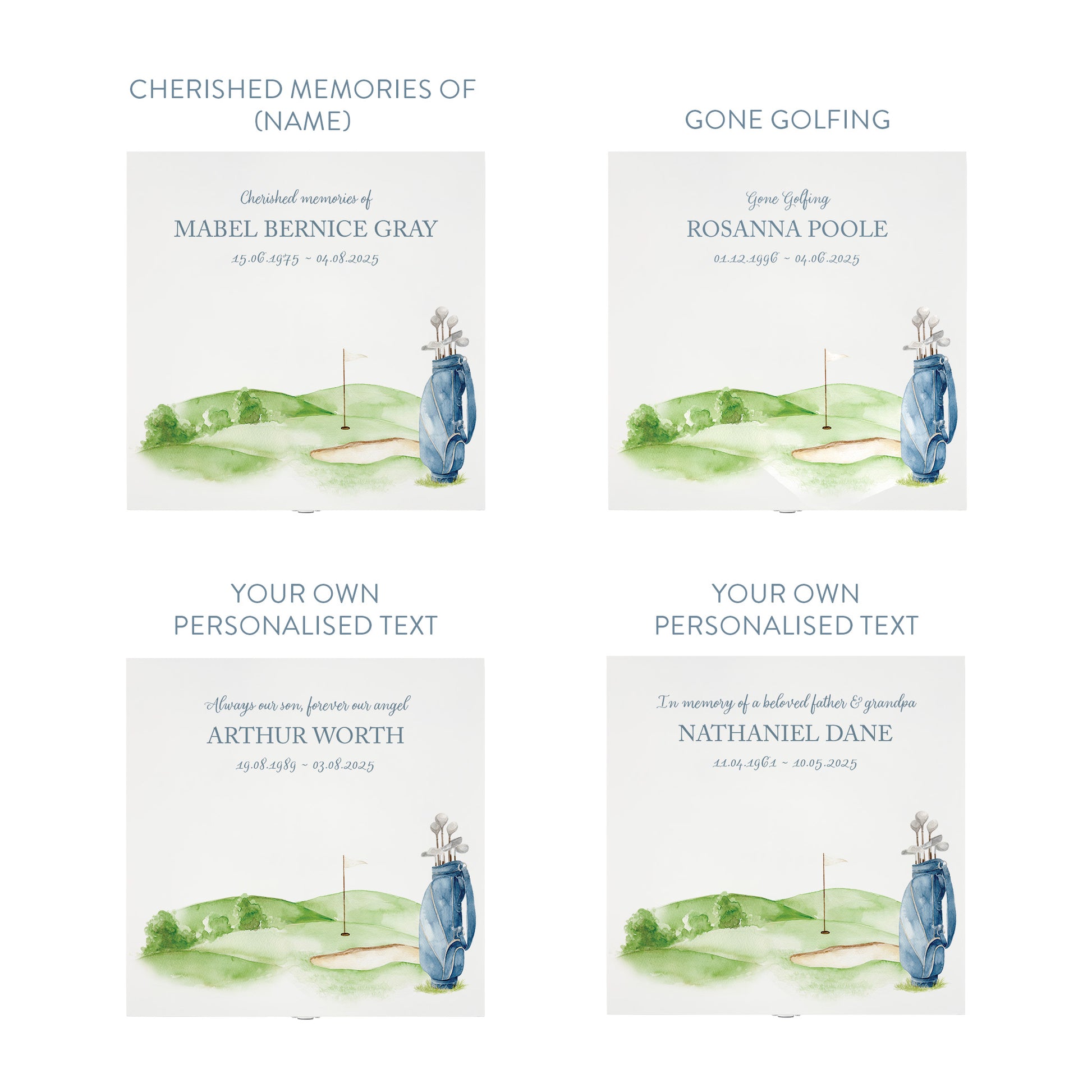 White Square personalised Wooden box with a decorative lid featuring illustrations Golf Bag Perfect funeral memory keepsake box, for storing ashes, order of service, flowers and capturing your loved ones things in one place. Available in red, blue, yellow and green