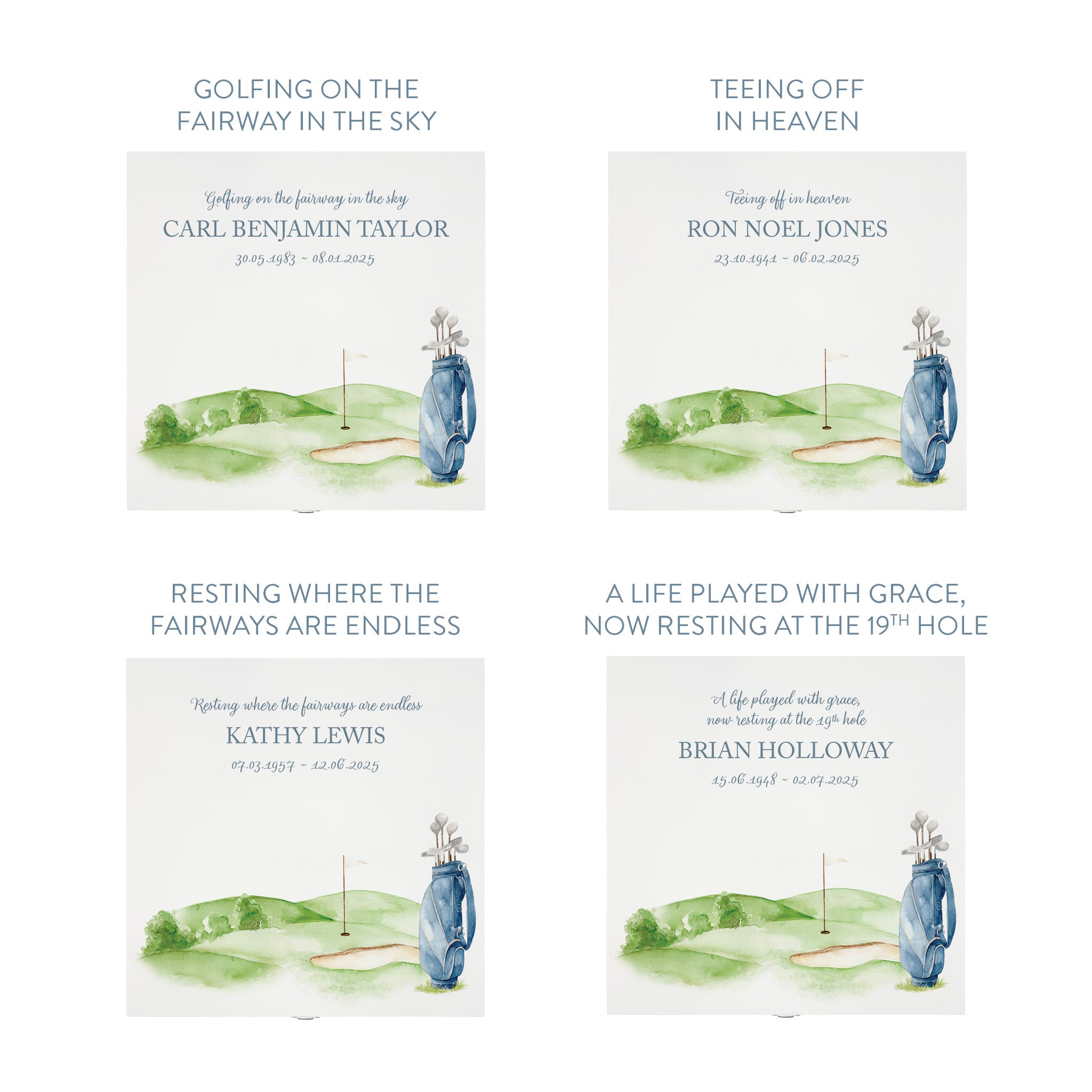 White Square personalised Wooden box with a decorative lid featuring illustrations Golf Bag Perfect funeral memory keepsake box, for storing ashes, order of service, flowers and capturing your loved ones things in one place. Available in red, blue, yellow and green