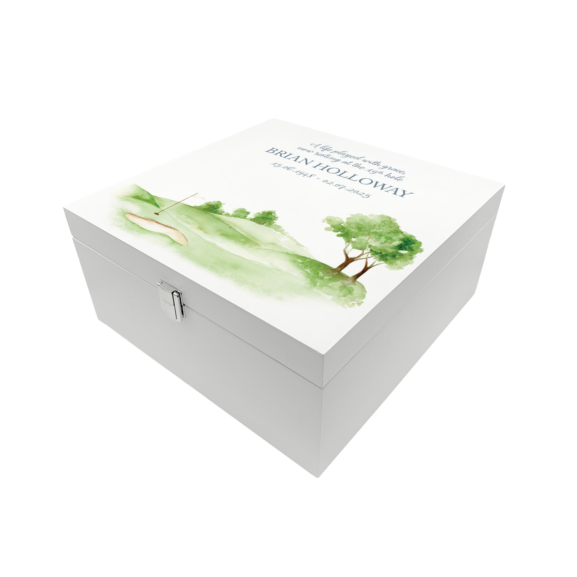 White Square personalised Wooden box with a decorative lid featuring illustrations Golf Green Perfect funeral memory keepsake box, for storing ashes, order of service, flowers and capturing your loved ones things in one place. Available in red, blue, yellow and green