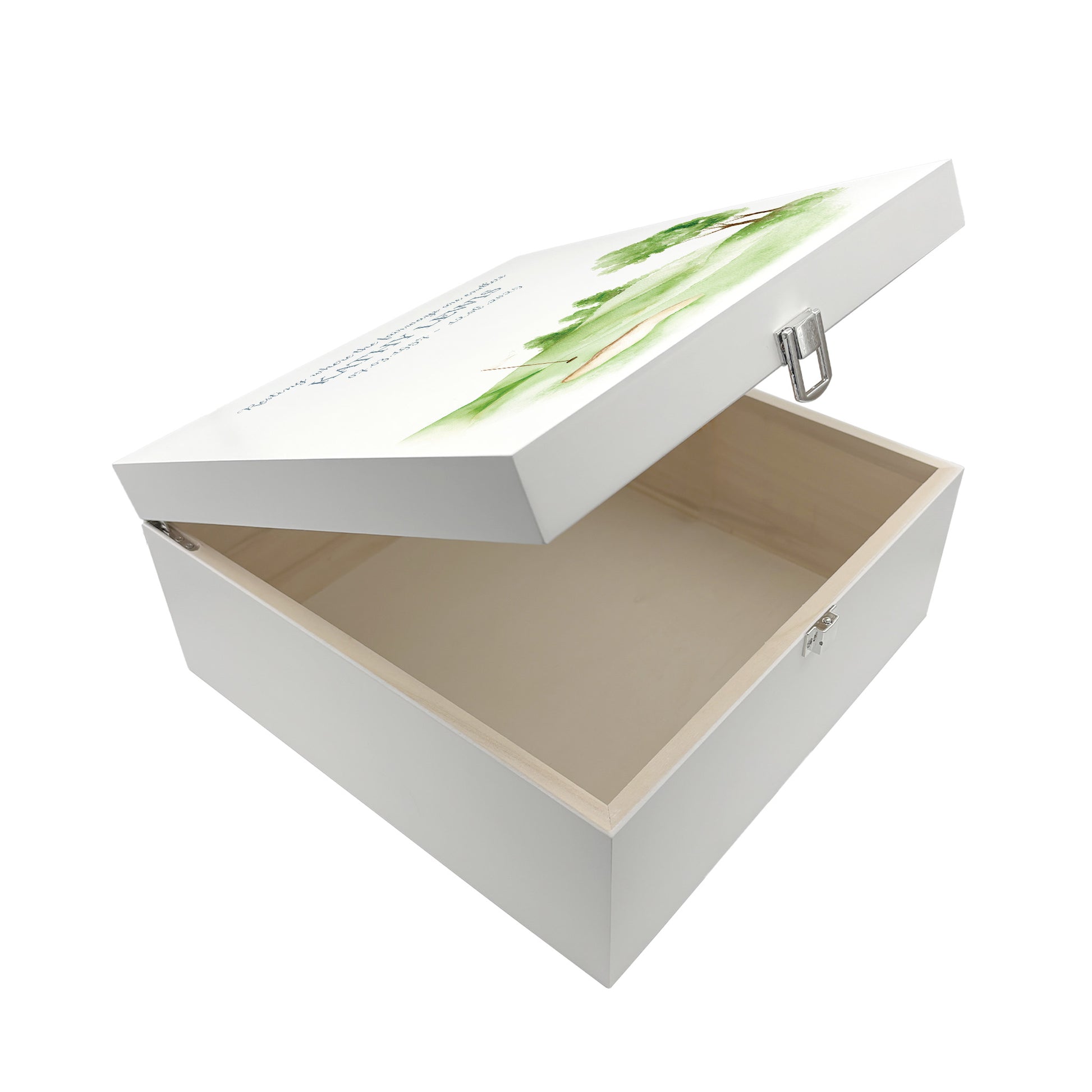 White Square personalised Wooden box with a decorative lid featuring illustrations Golf Green Perfect funeral memory keepsake box, for storing ashes, order of service, flowers and capturing your loved ones things in one place. Available in red, blue, yellow and green
