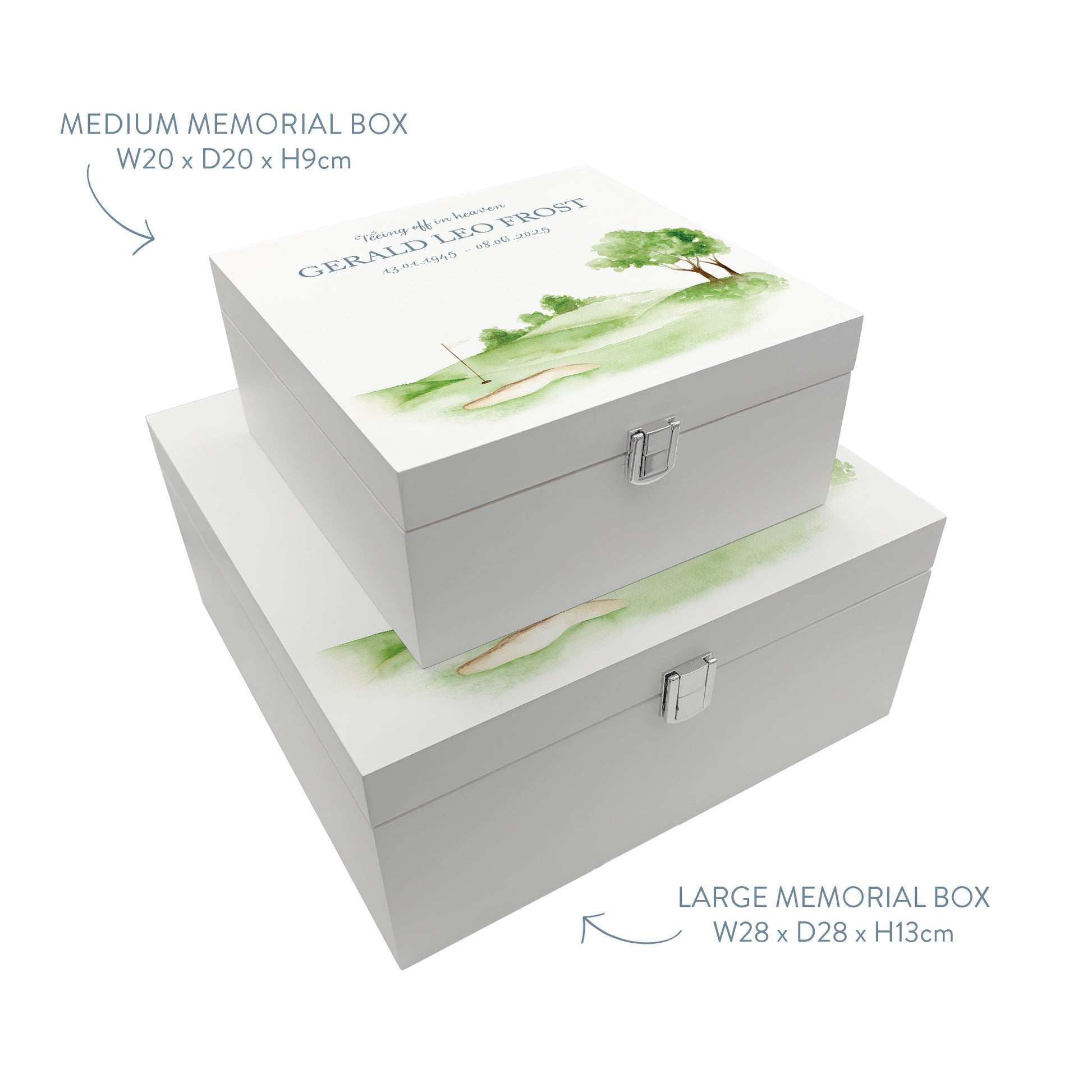 White Square personalised Wooden box with a decorative lid featuring illustrations Golf Green Perfect funeral memory keepsake box, for storing ashes, order of service, flowers and capturing your loved ones things in one place. Available in red, blue, yellow and green