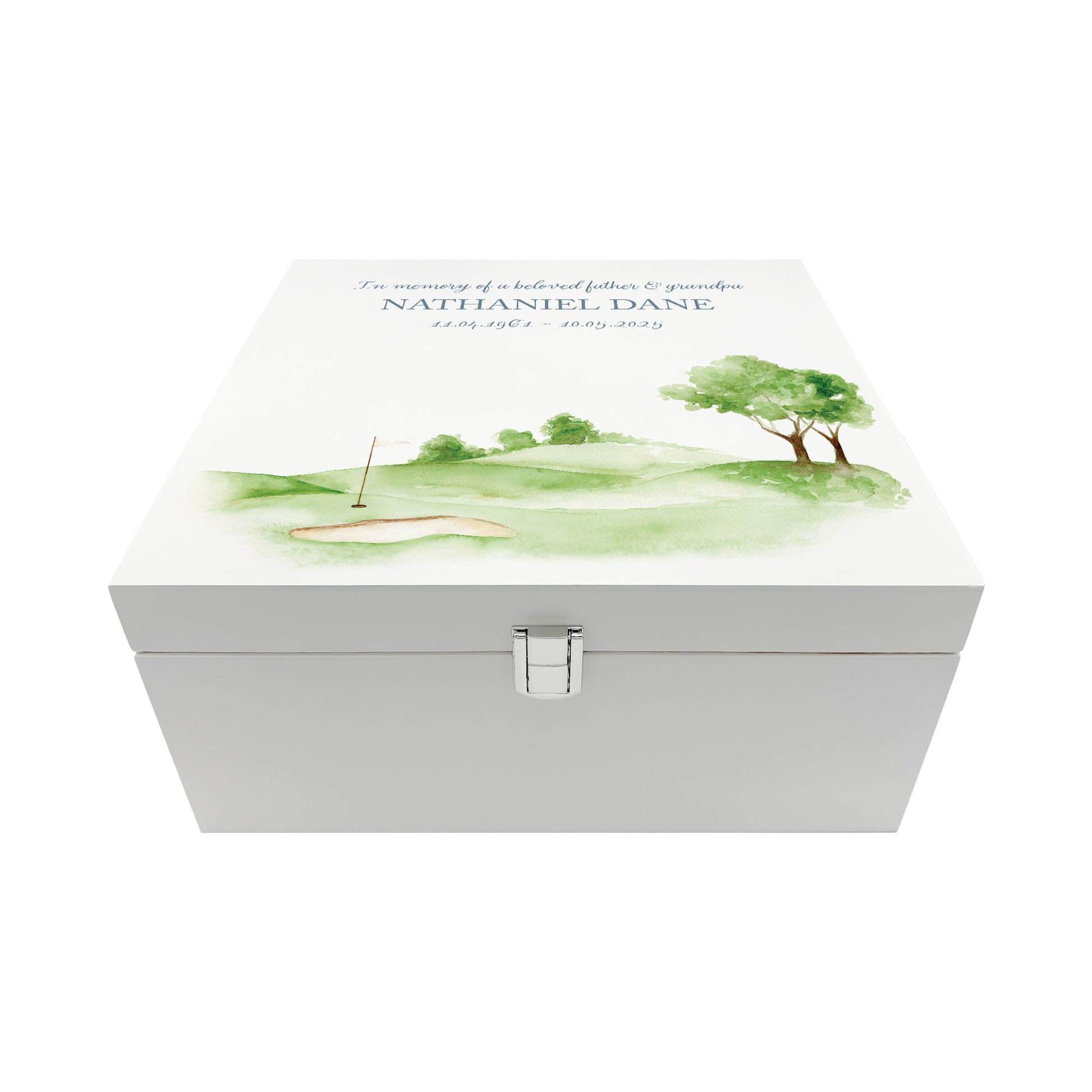 White Square personalised Wooden box with a decorative lid featuring illustrations Golf Green Perfect funeral memory keepsake box, for storing ashes, order of service, flowers and capturing your loved ones things in one place. Available in red, blue, yellow and green