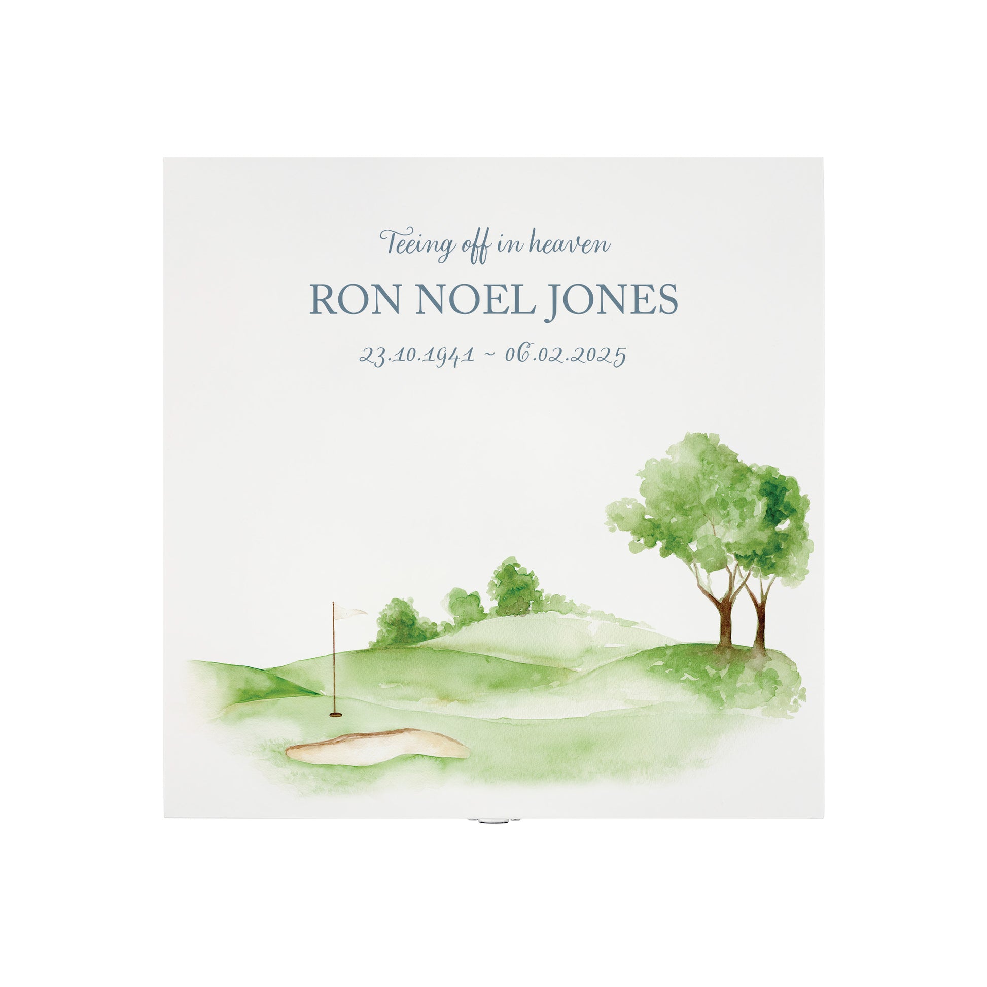 White Square personalised Wooden box with a decorative lid featuring illustrations Golf Green Perfect funeral memory keepsake box, for storing ashes, order of service, flowers and capturing your loved ones things in one place. Available in red, blue, yellow and green