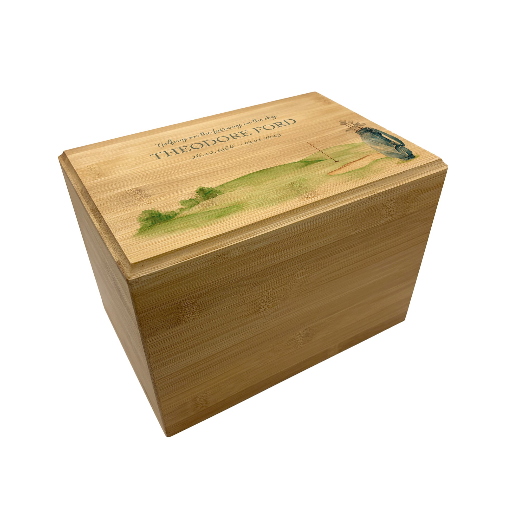 A beautifully crafted solid Bamboo wooden urn, personalised and finished with a soft watercolour design of a golf bag and green, Perfect for the golf lover- Great for Dad, Grandad, Brother, Son, Uncle.  Thoughtfully made for either display or burial, this personalised urn can be customised to create a meaningful memorial. Perfect for holding ashes of a loved one or a beloved pet, it serves as a comforting tribute and keepsake.