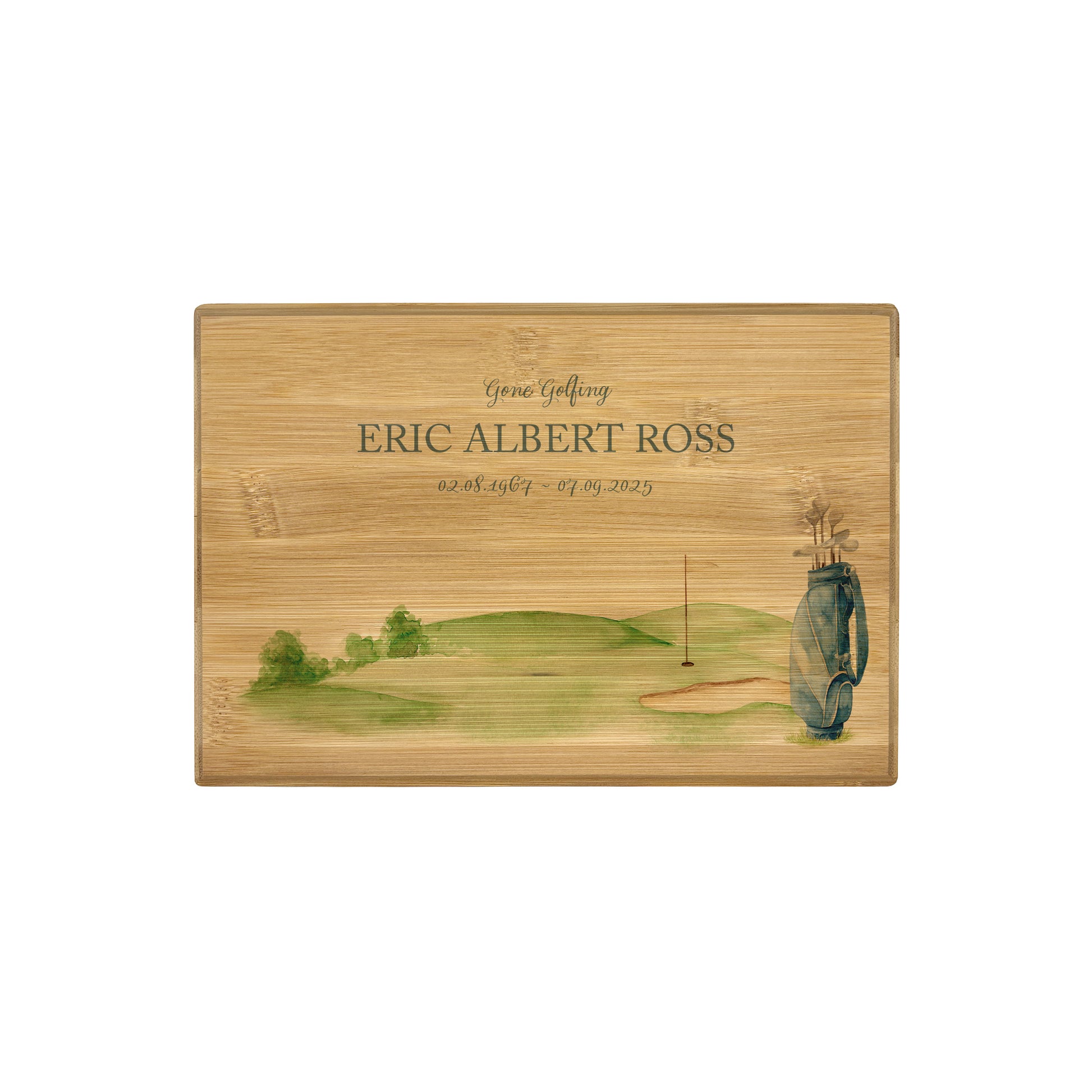 A beautifully crafted solid Bamboo wooden urn, personalised and finished with a soft watercolour design of a golf bag and green, Perfect for the golf lover- Great for Dad, Grandad, Brother, Son, Uncle.  Thoughtfully made for either display or burial, this personalised urn can be customised to create a meaningful memorial. Perfect for holding ashes of a loved one or a beloved pet, it serves as a comforting tribute and keepsake.
