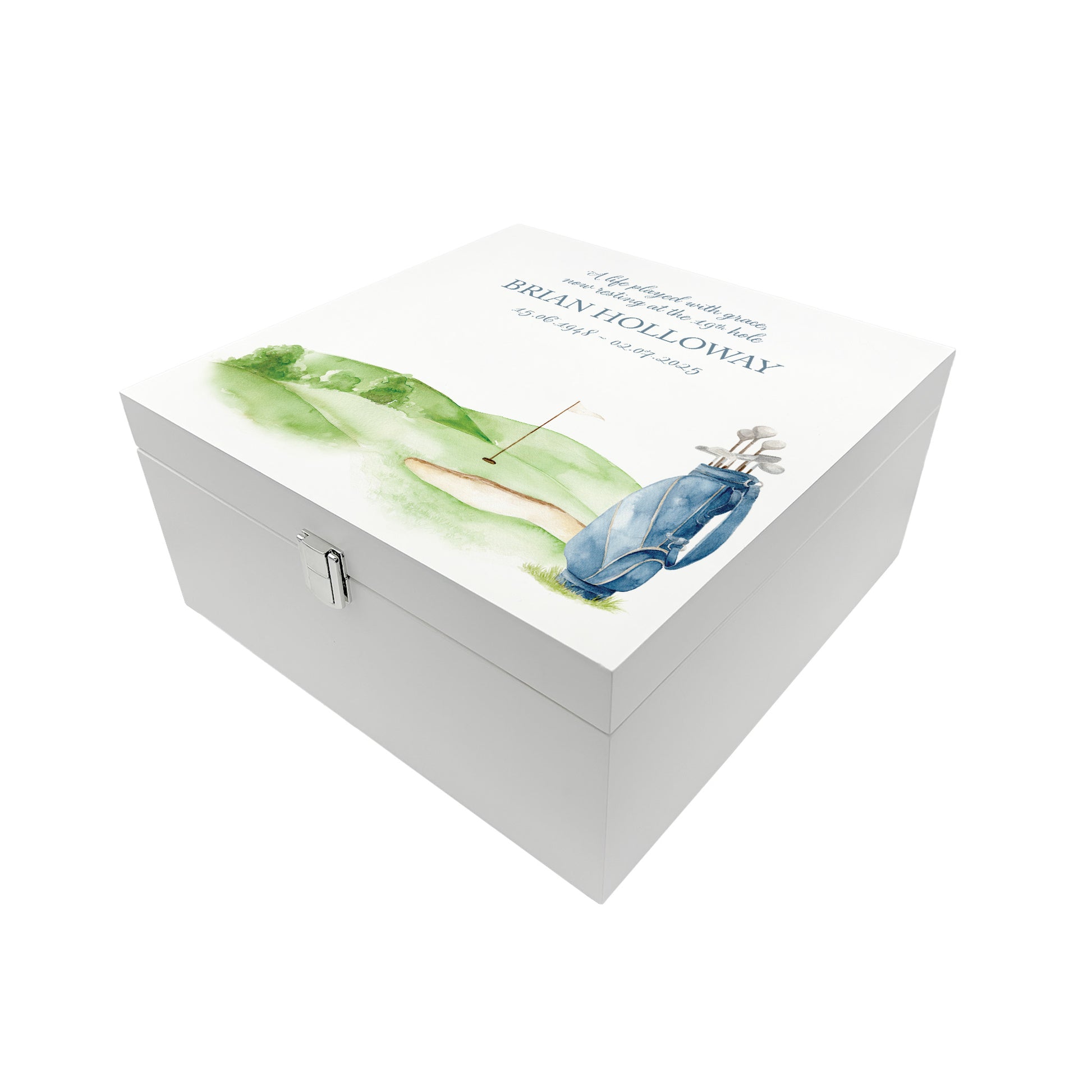 White Square personalised Wooden box with a decorative lid featuring illustrations Golf Bag Perfect funeral memory keepsake box, for storing ashes, order of service, flowers and capturing your loved ones things in one place. Available in red, blue, yellow and green