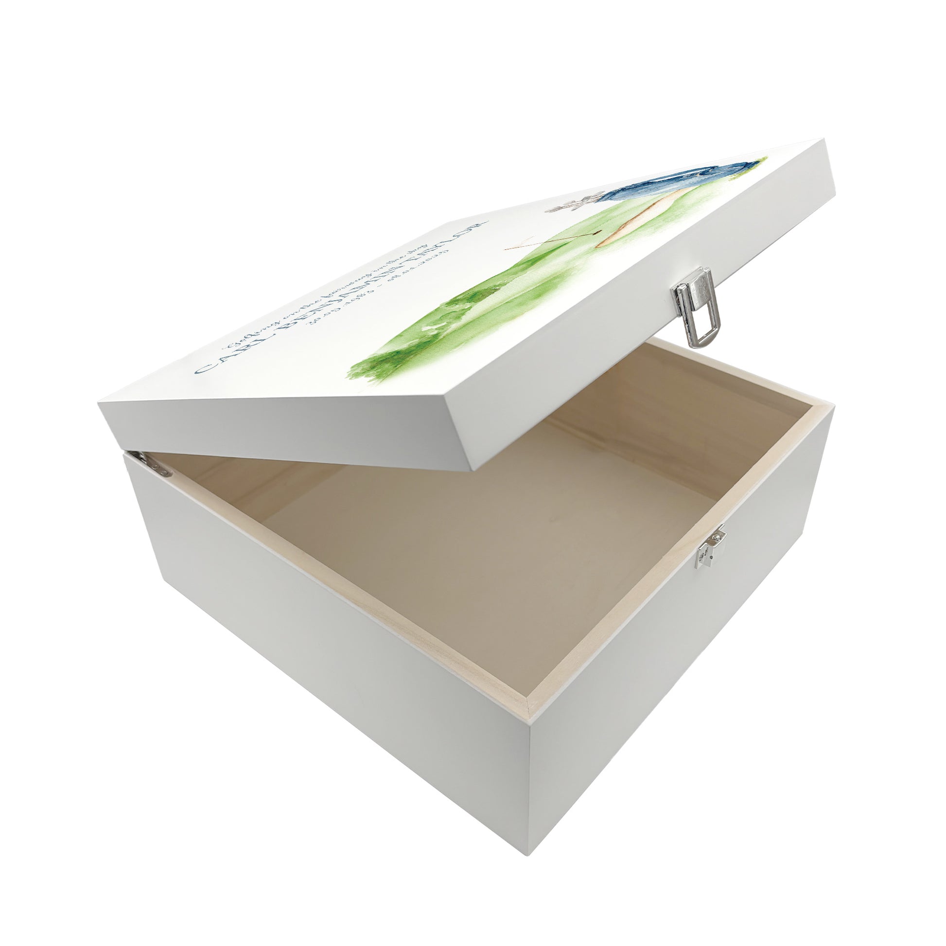 White Square personalised Wooden box with a decorative lid featuring illustrations Golf Bag Perfect funeral memory keepsake box, for storing ashes, order of service, flowers and capturing your loved ones things in one place. Available in red, blue, yellow and green