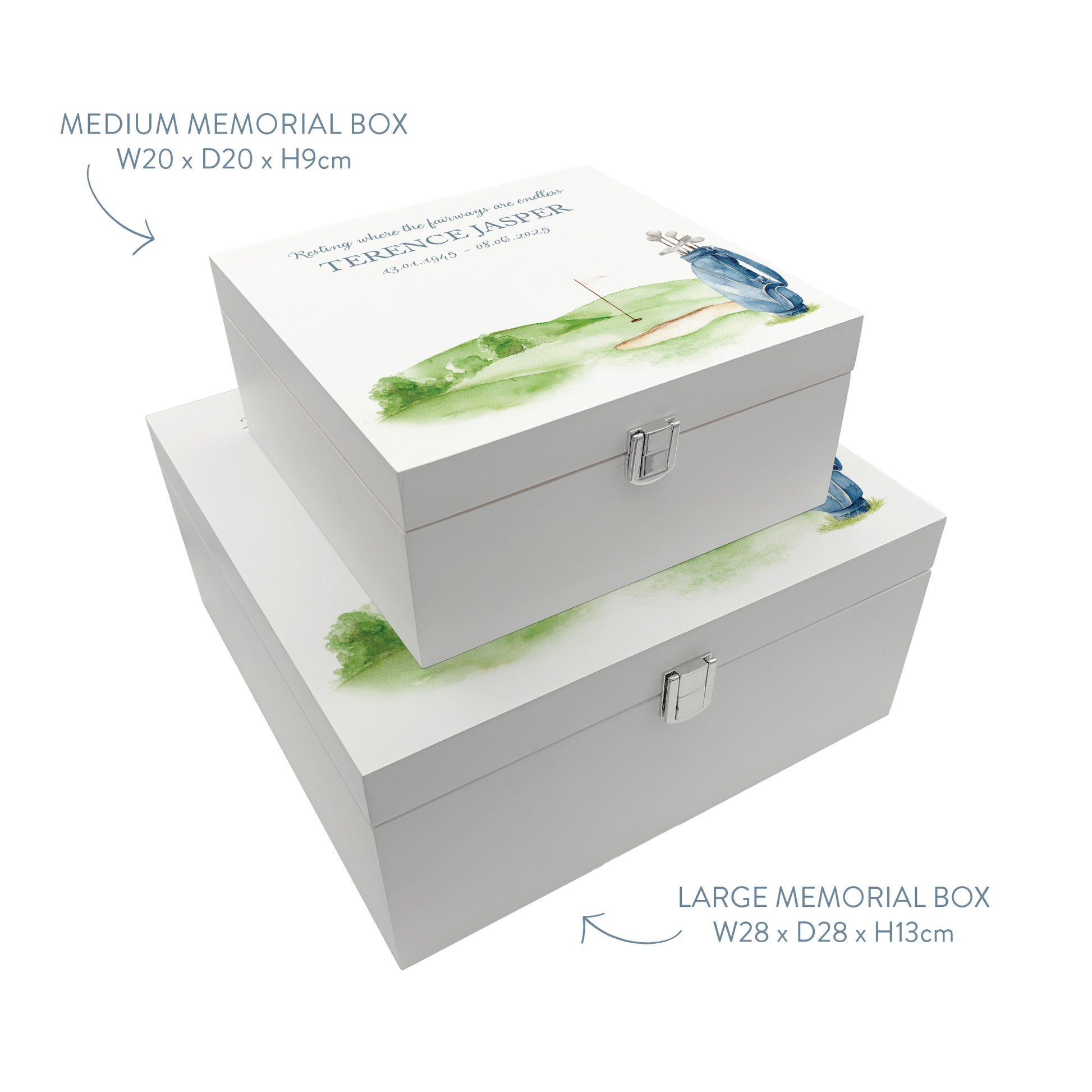 White Square personalised Wooden box with a decorative lid featuring illustrations Golf Bag Perfect funeral memory keepsake box, for storing ashes, order of service, flowers and capturing your loved ones things in one place. Available in red, blue, yellow and green