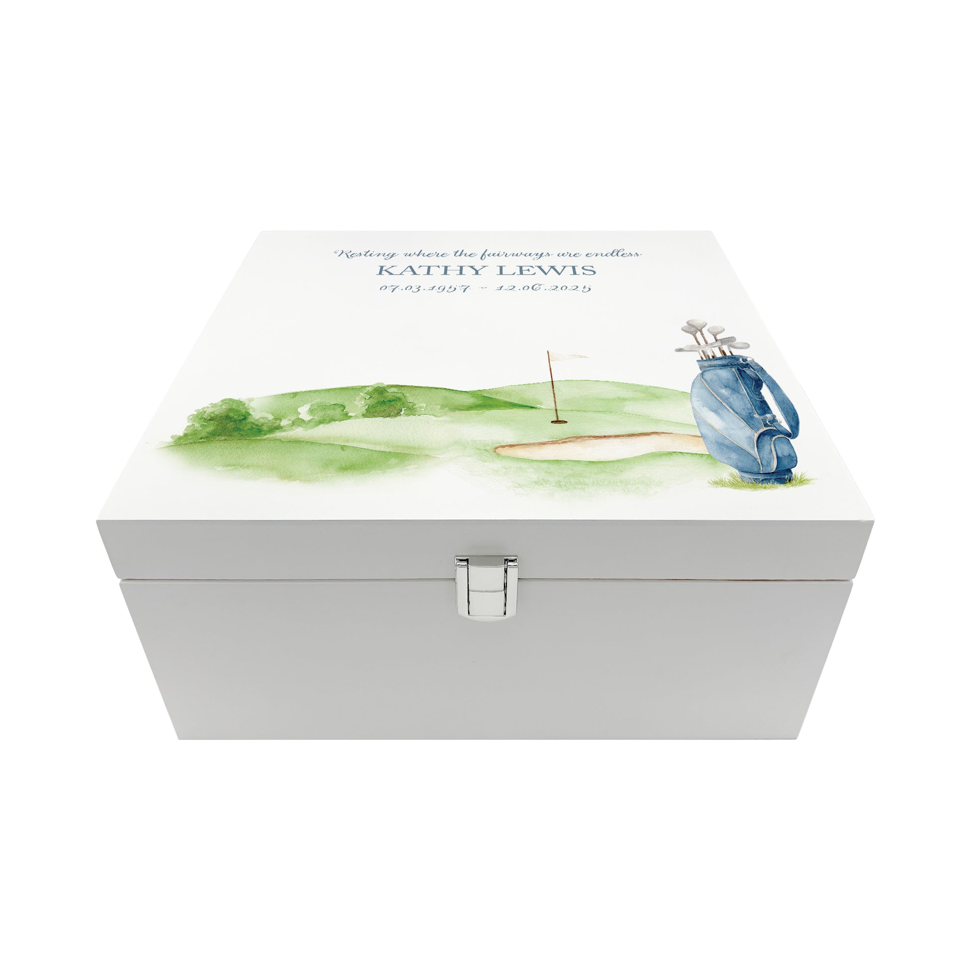 White Square personalised Wooden box with a decorative lid featuring illustrations Golf Bag Perfect funeral memory keepsake box, for storing ashes, order of service, flowers and capturing your loved ones things in one place. Available in red, blue, yellow and green