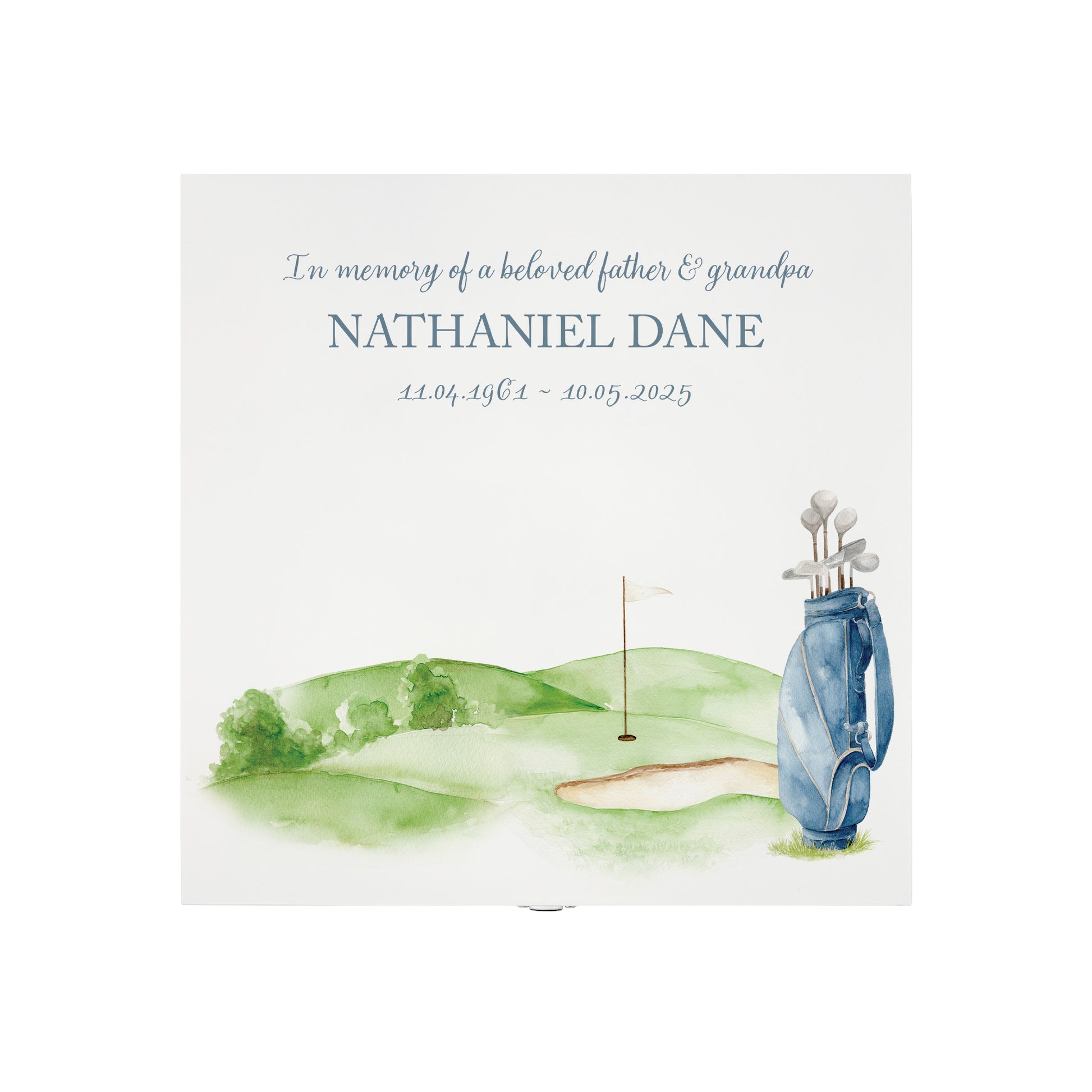 White Square personalised Wooden box with a decorative lid featuring illustrations Golf Bag Perfect funeral memory keepsake box, for storing ashes, order of service, flowers and capturing your loved ones things in one place. Available in red, blue, yellow and green