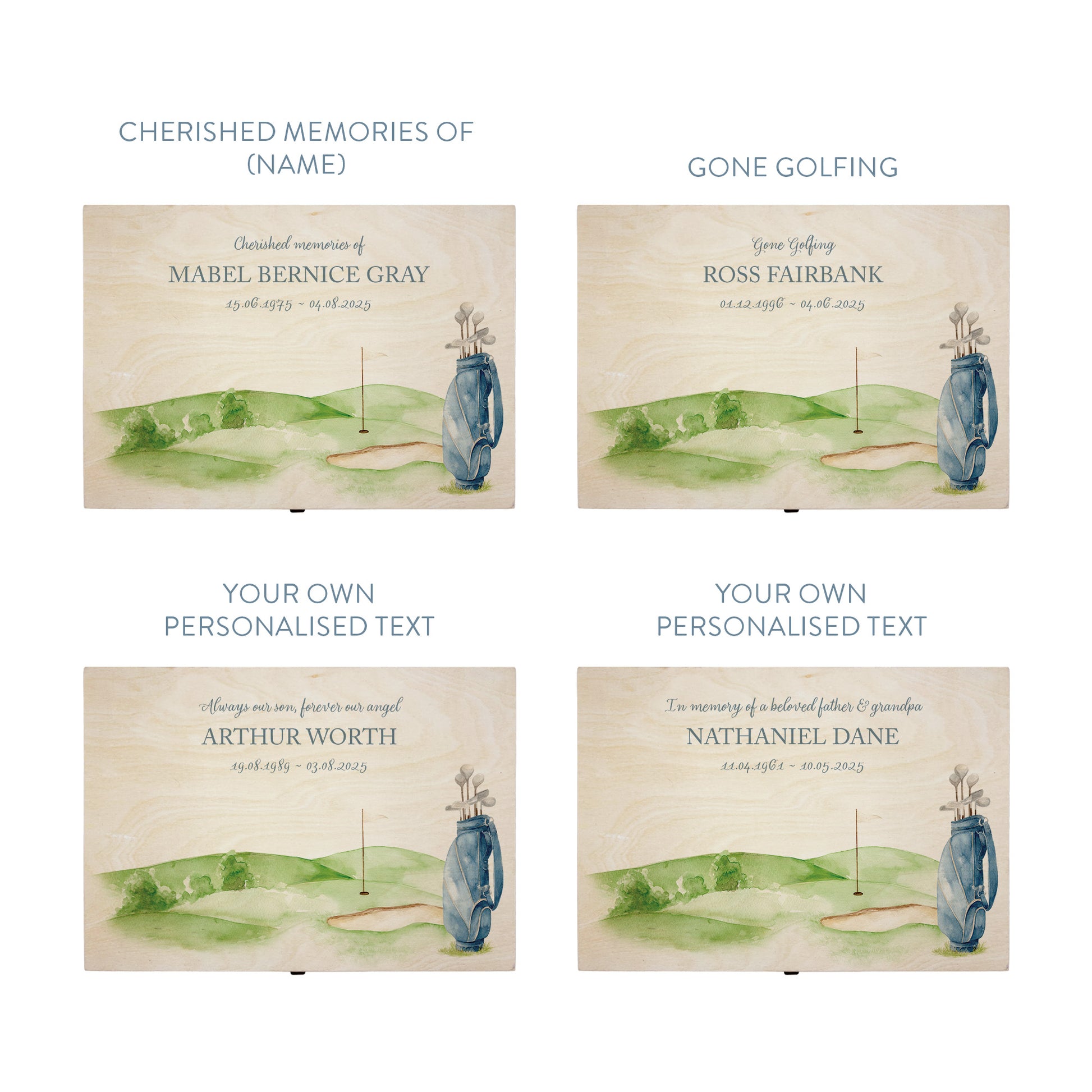 Wooden box with a decorative lid featuring illustrations of Golf Green and Bag Perfect funeral memory keepsake box, for storing ashes, order of service, flowers. capturing your loved ones favourite hobby