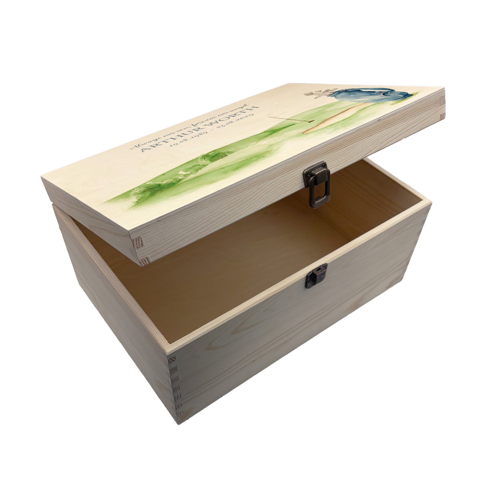Wooden box with a decorative lid featuring illustrations of Golf Green and Bag Perfect funeral memory keepsake box, for storing ashes, order of service, flowers. capturing your loved ones favourite hobby
