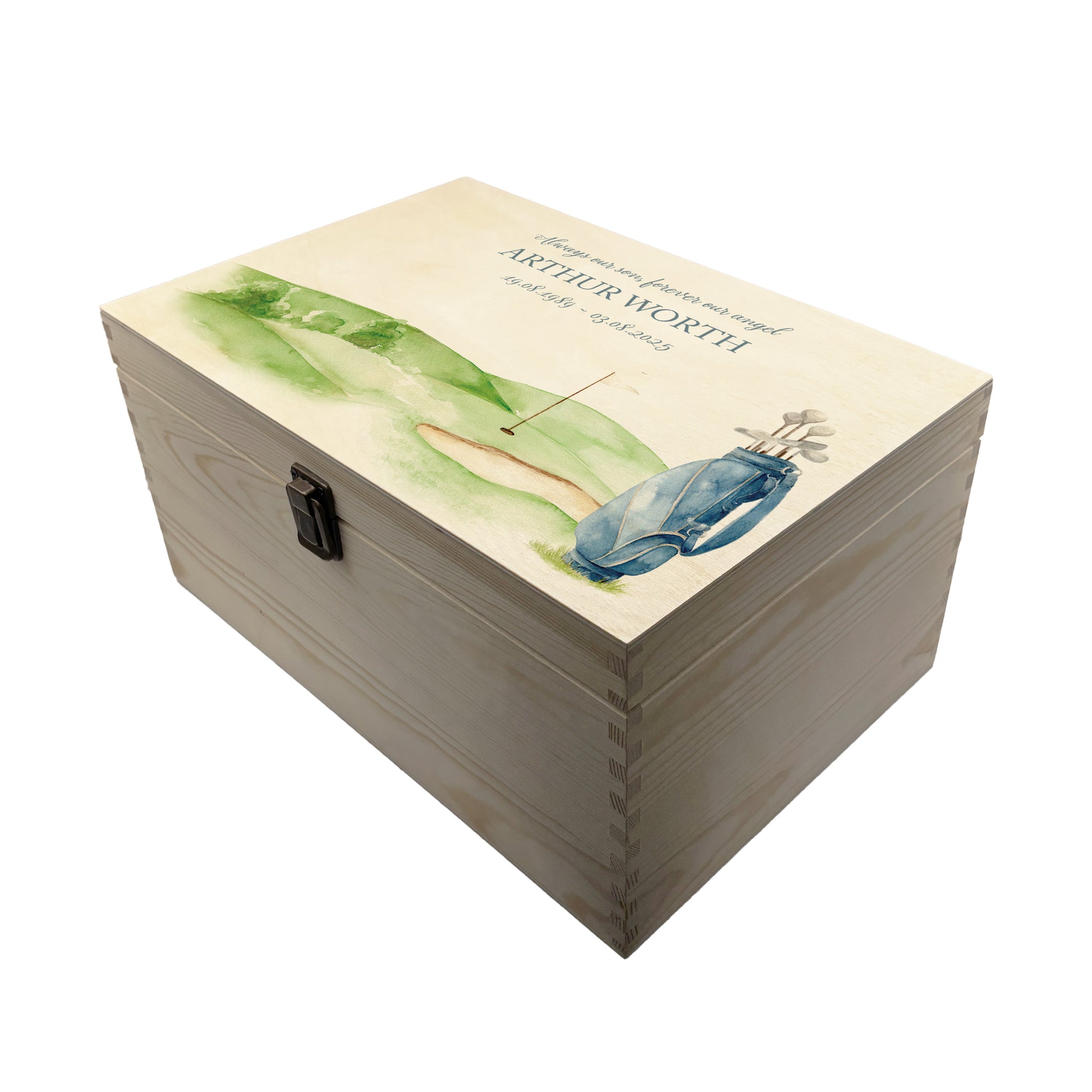 Wooden box with a decorative lid featuring illustrations of Golf Green and Bag Perfect funeral memory keepsake box, for storing ashes, order of service, flowers. capturing your loved ones favourite hobby