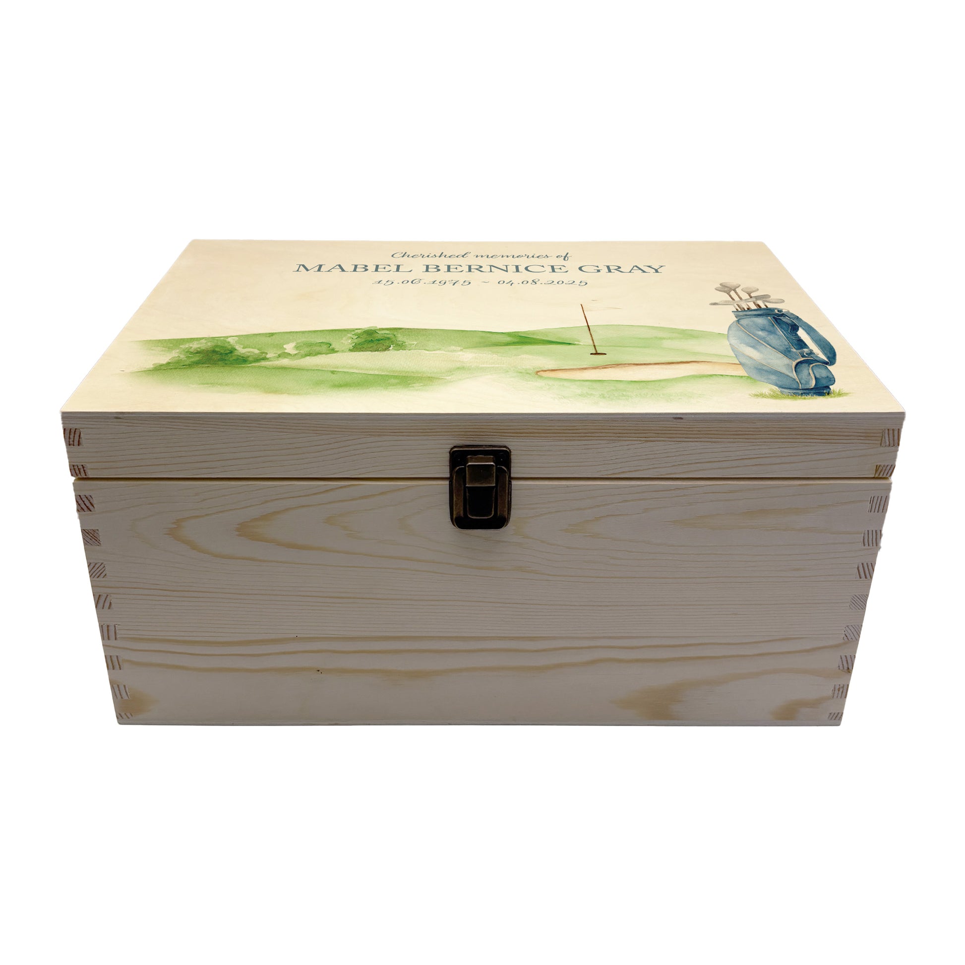 Wooden box with a decorative lid featuring illustrations of Golf Green and Bag Perfect funeral memory keepsake box, for storing ashes, order of service, flowers. capturing your loved ones favourite hobby