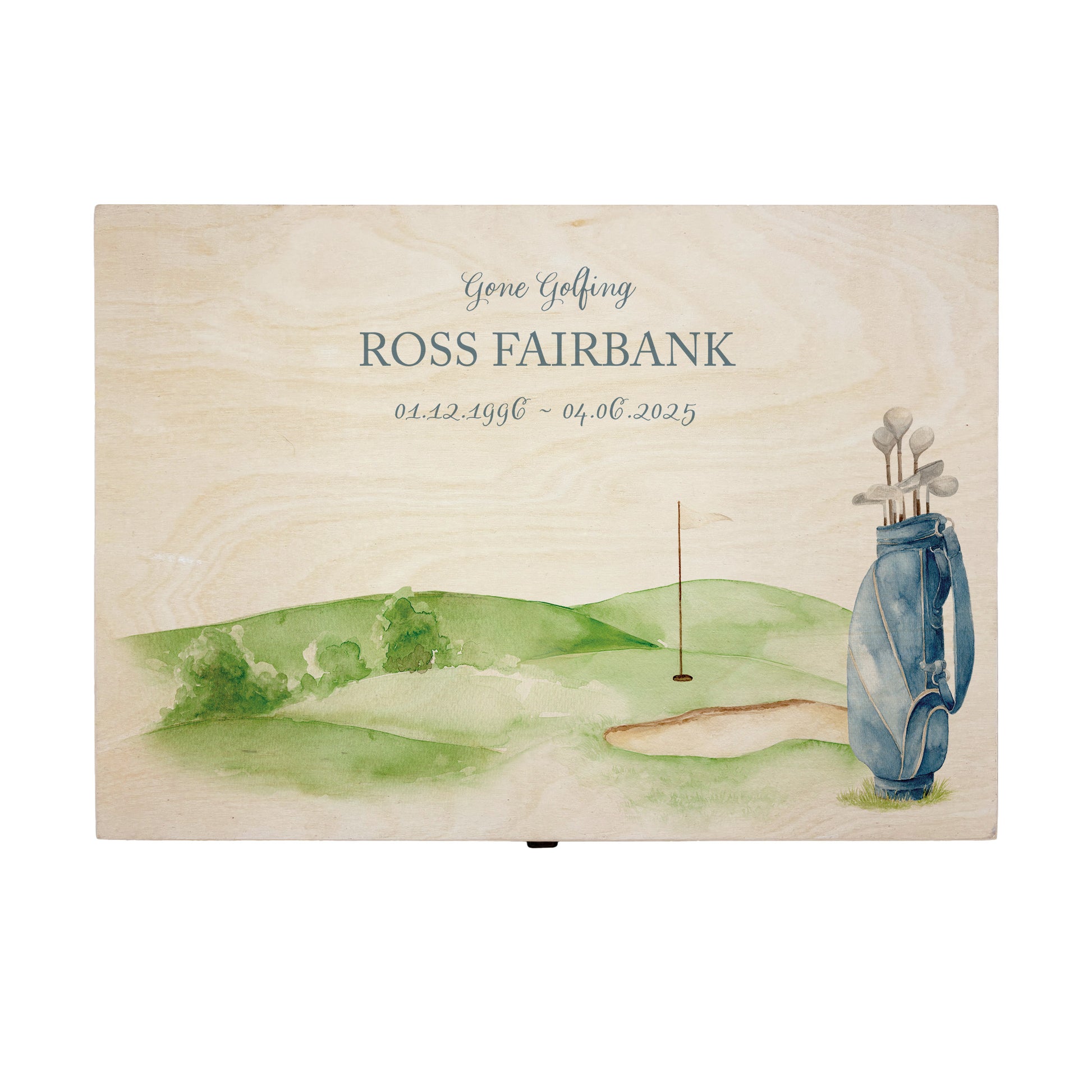 Wooden box with a decorative lid featuring illustrations of Golf Green and Bag Perfect funeral memory keepsake box, for storing ashes, order of service, flowers. capturing your loved ones favourite hobby