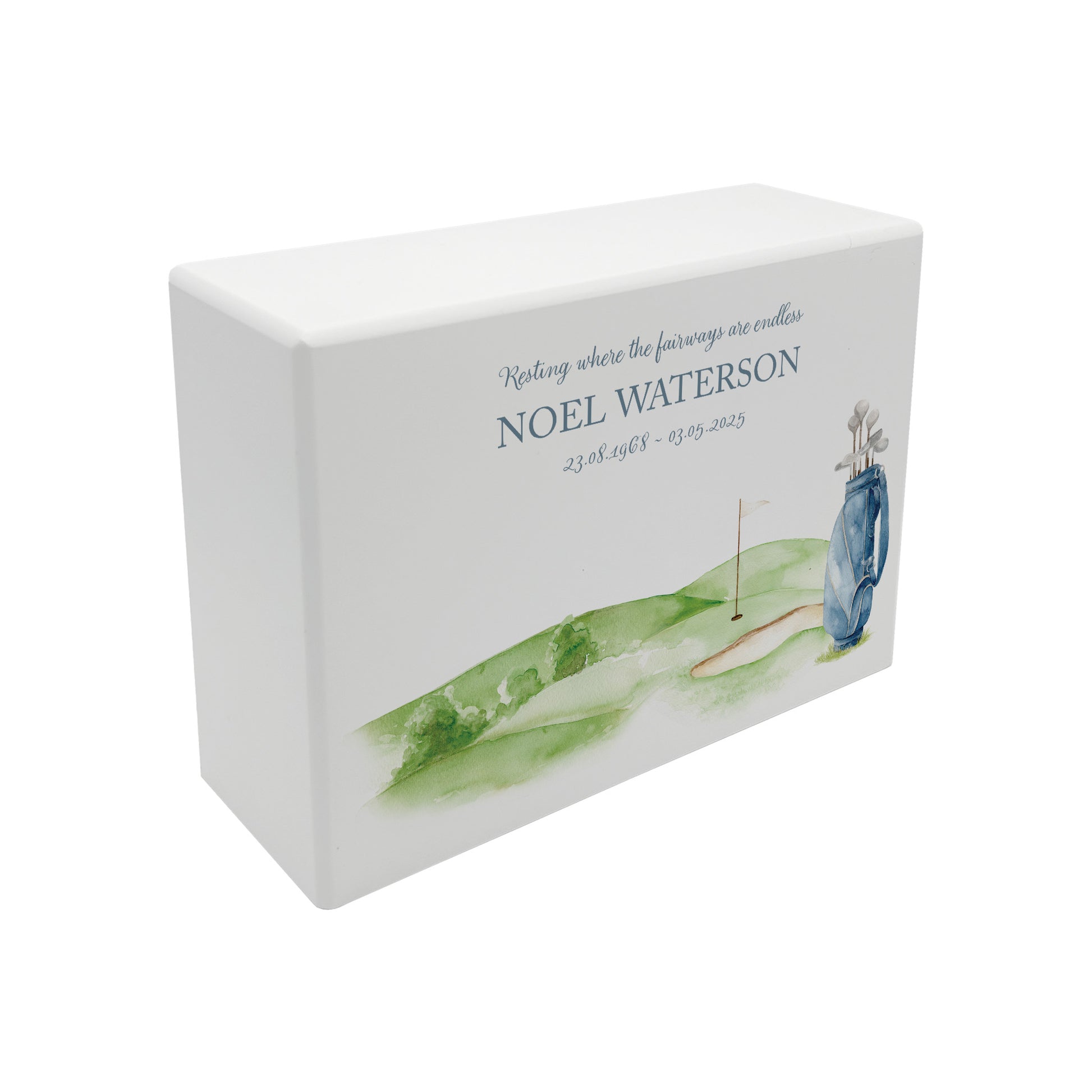 Luxury solid wooden white painted Golf Green and Bag watercolour illustration our urns and Caskets for displaying or burying ashes. Customisable and can be personalised. Perfect funeral memory keepsake urn, for storing ashes for humans and pets