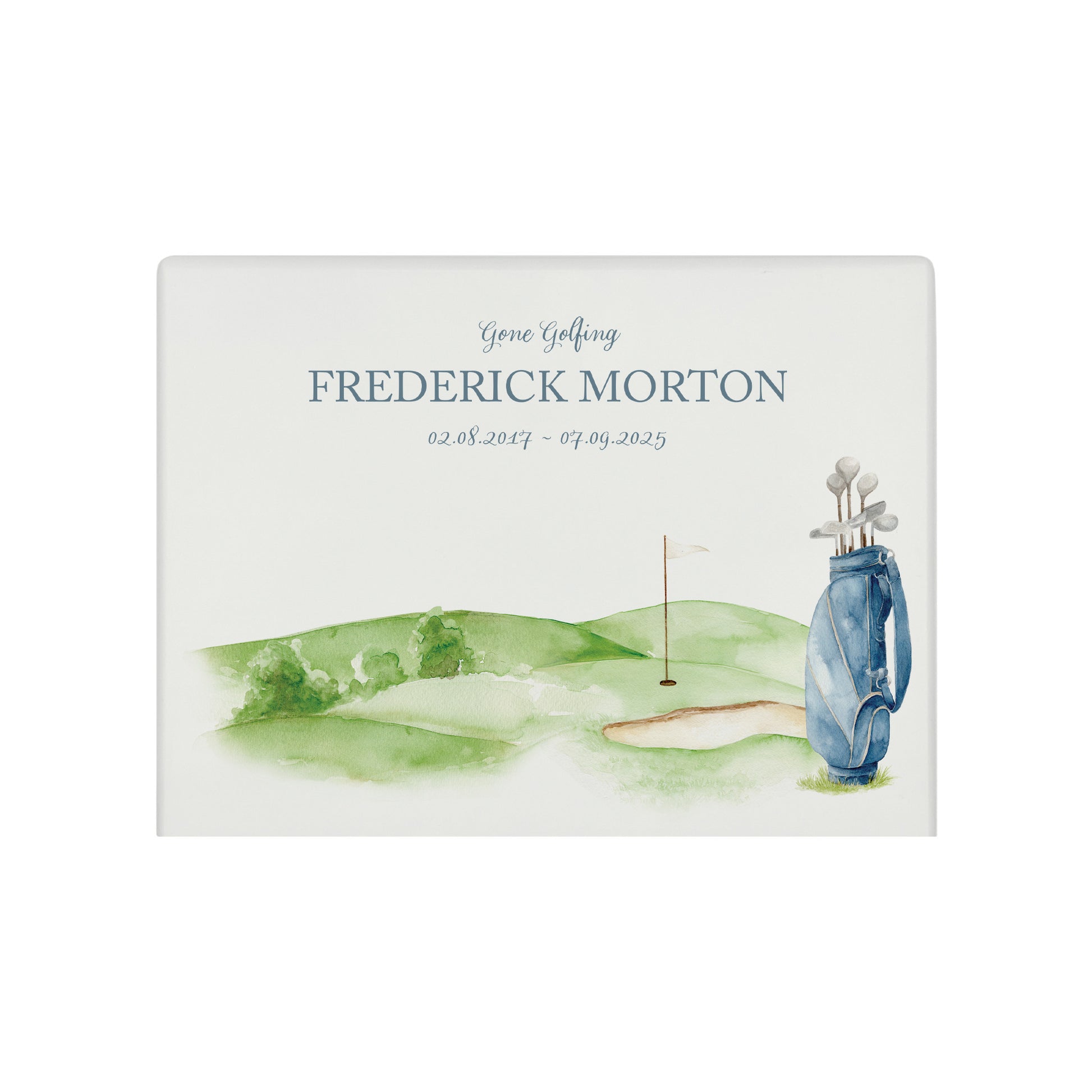 Luxury solid wooden white painted Golf Green and Bag watercolour illustration our urns and Caskets for displaying or burying ashes. Customisable and can be personalised. Perfect funeral memory keepsake urn, for storing ashes for humans and pets