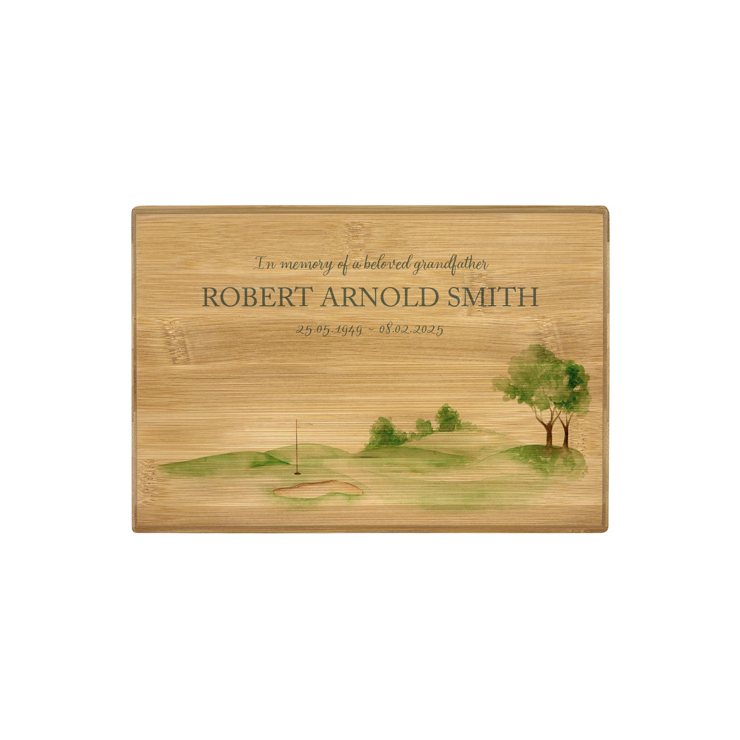 A beautifully crafted solid Bamboo wooden urn, personalised and finished with a soft watercolour design of a golf green, Perfect for the Golf lover- Great for Dad, Grandad, Brother, Son, Uncle. Thoughtfully made for either display or burial, this personalised urn can be customised to create a meaningful memorial. Perfect for holding ashes of a loved one or a beloved pet, it serves as a comforting tribute and keepsake.