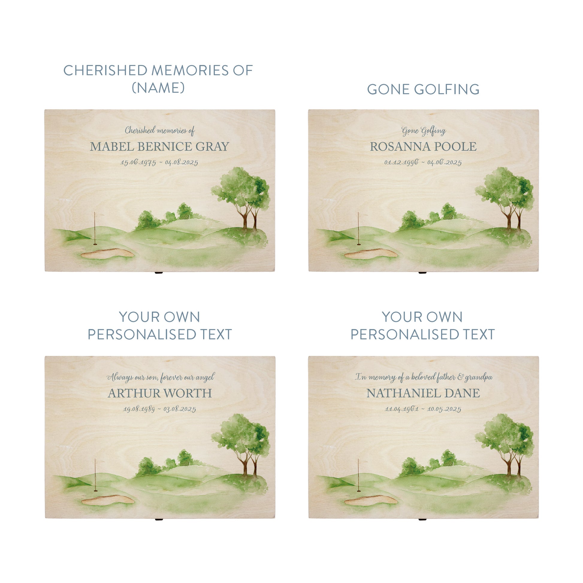 Wooden box with a decorative lid featuring illustrations of Golf Green Perfect funeral memory keepsake box, for storing ashes, order of service, flowers. capturing your loved ones favourite hobby