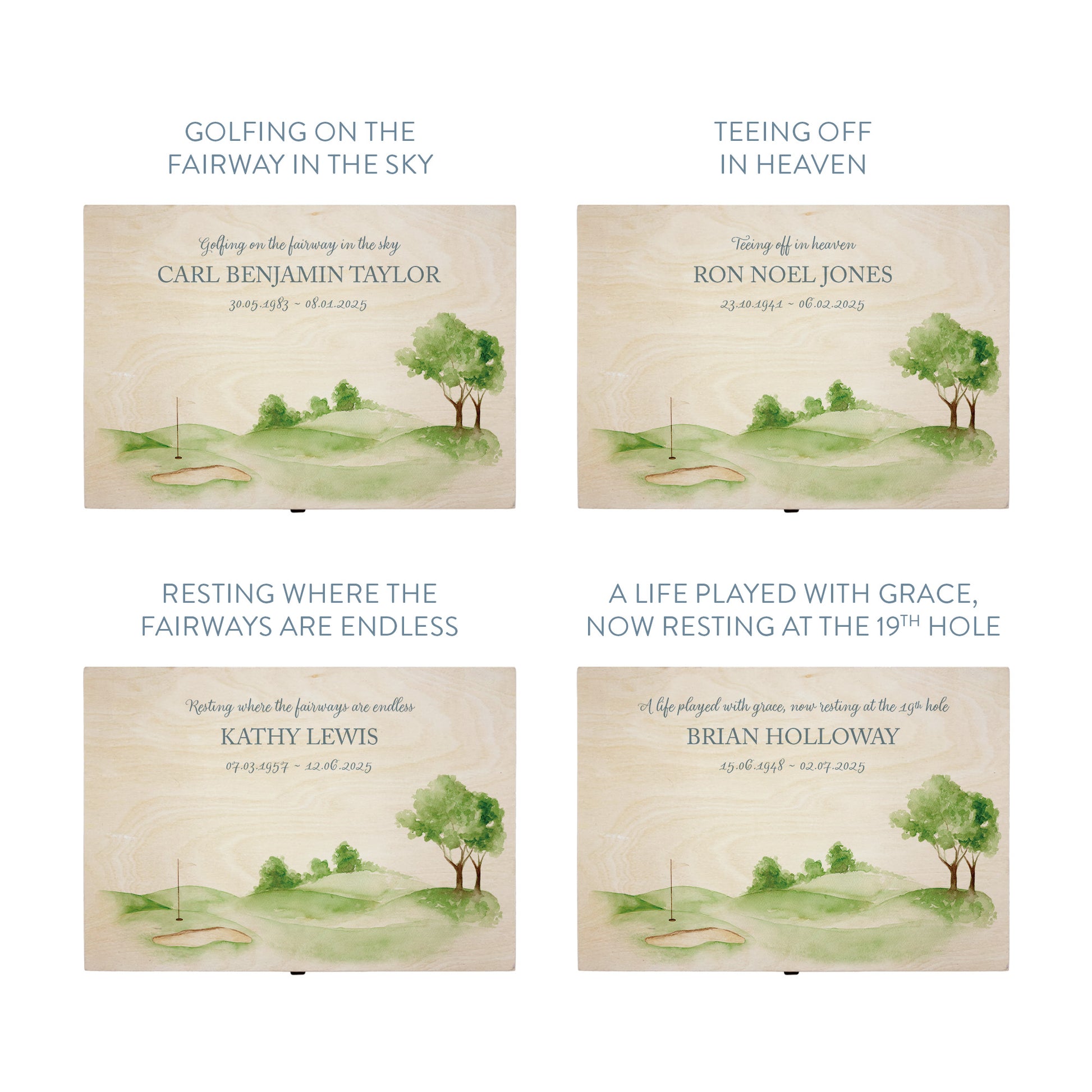 Wooden box with a decorative lid featuring illustrations of Golf Green Perfect funeral memory keepsake box, for storing ashes, order of service, flowers. capturing your loved ones favourite hobby