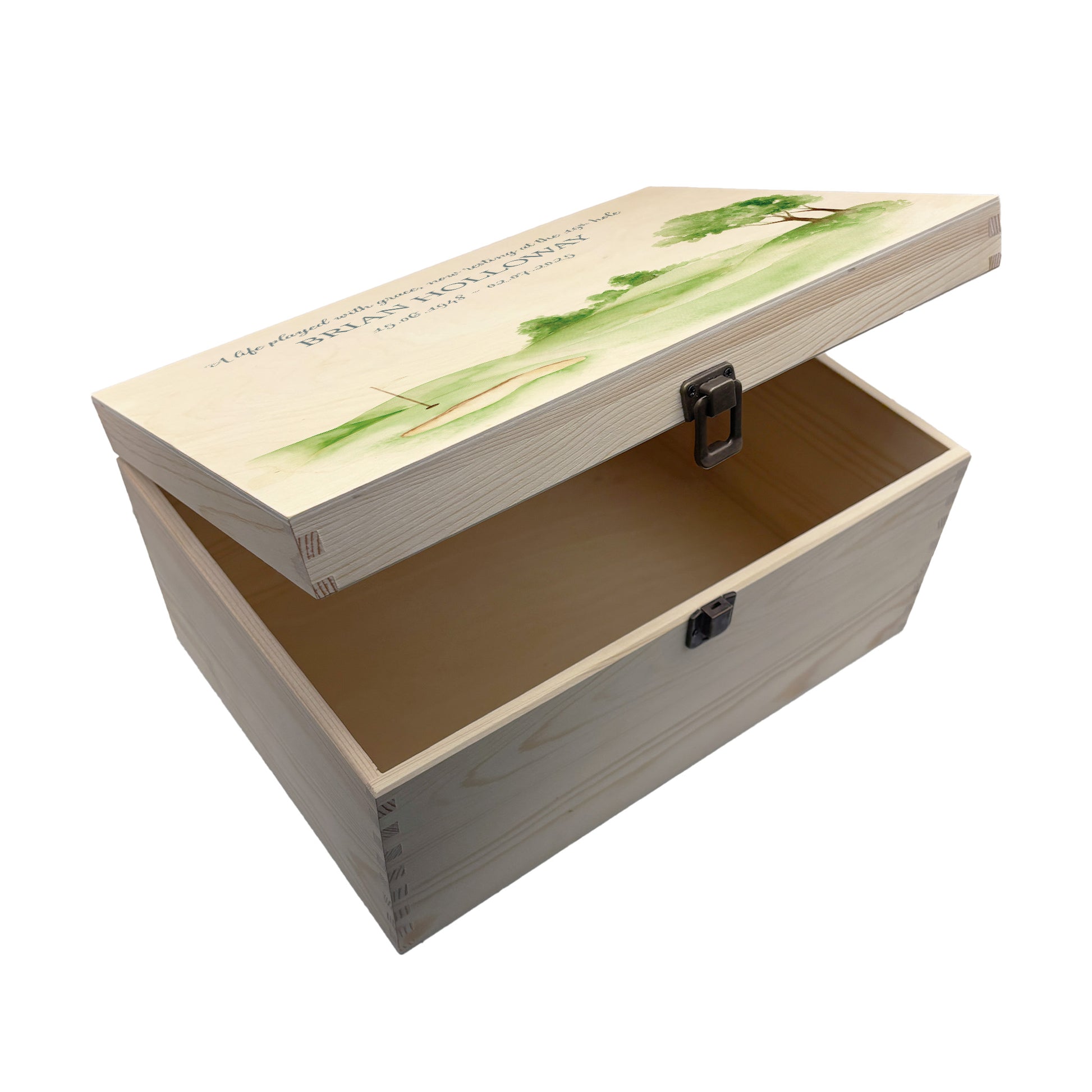 Wooden box with a decorative lid featuring illustrations of Golf Green Perfect funeral memory keepsake box, for storing ashes, order of service, flowers. capturing your loved ones favourite hobby
