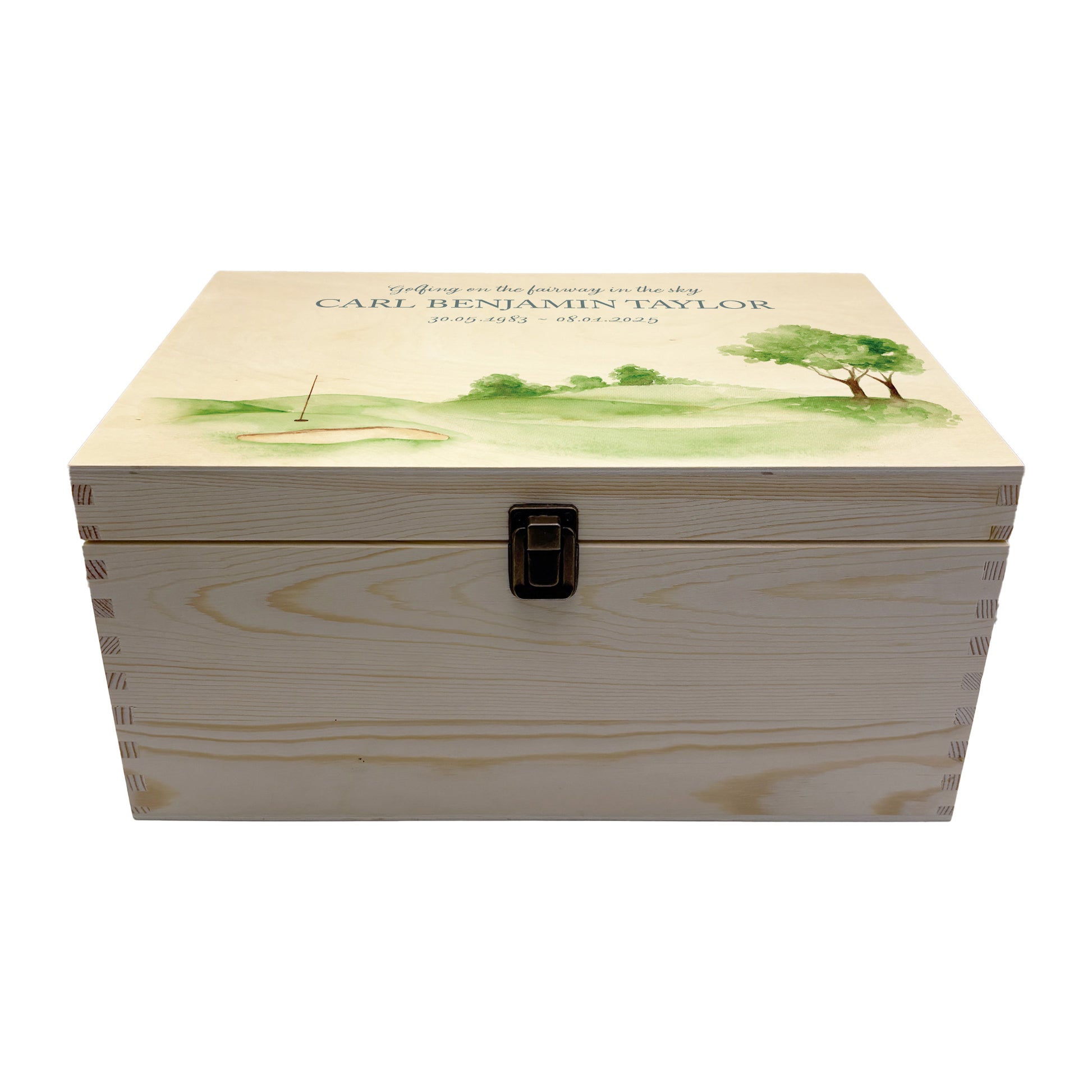 Wooden box with a decorative lid featuring illustrations of Golf Green Perfect funeral memory keepsake box, for storing ashes, order of service, flowers. capturing your loved ones favourite hobby